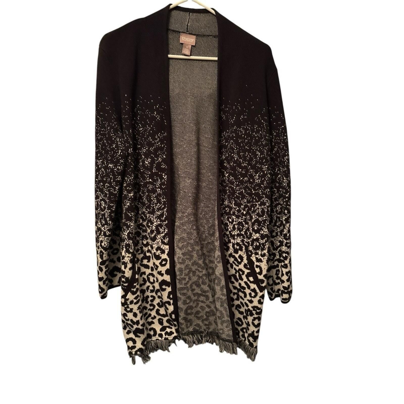 Chicos Chico's Black Cream Leopard Ombre Open Cardigan with Fringe Size M / US 6-8 / IT 42-44 - 1 Thumbnail