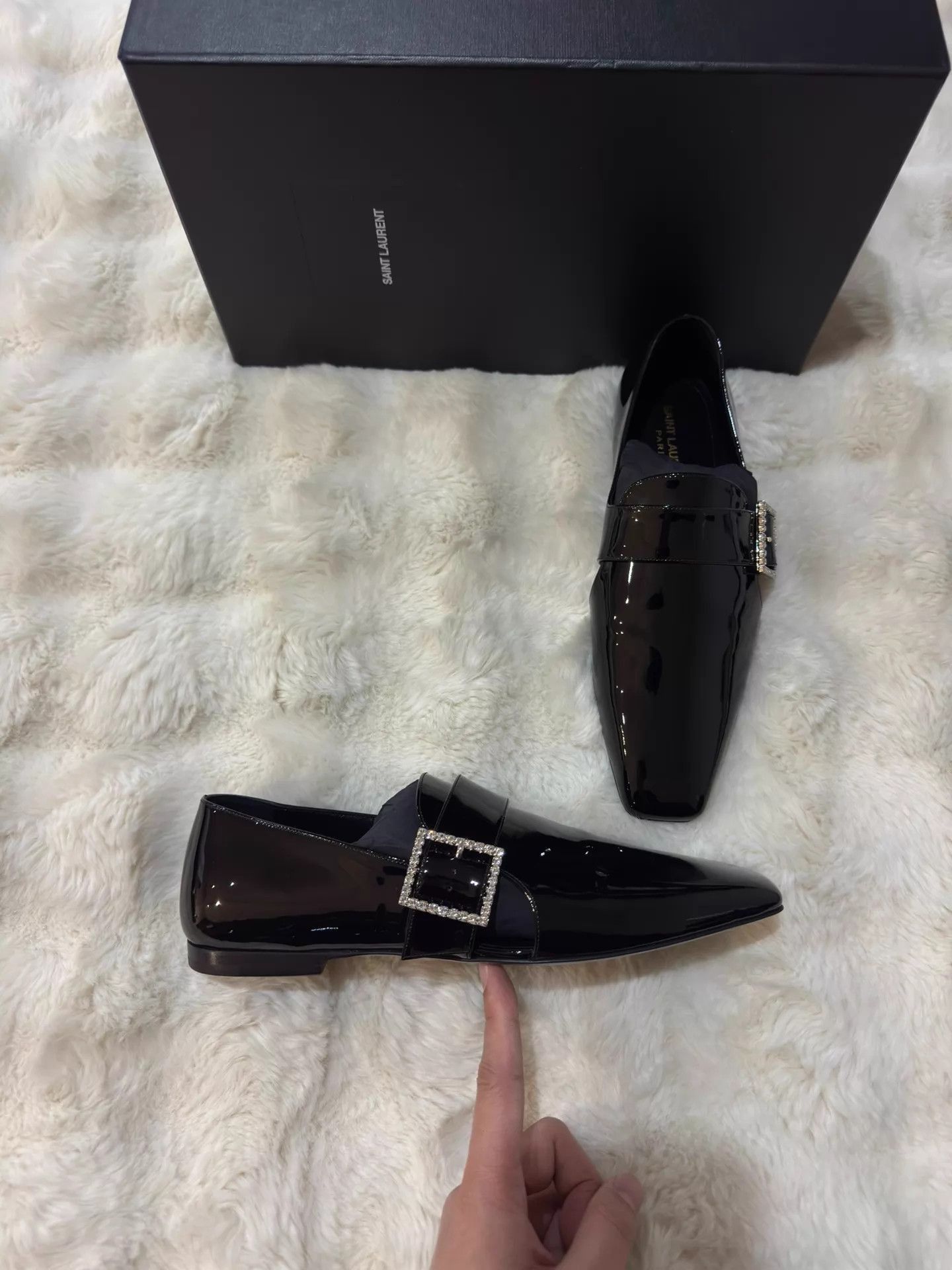 Saint Laurent Paris Black Patent Leather Slip-On Shoes with Crystal Buckle Size US 7 / EU 40 - 1 Thumbnail