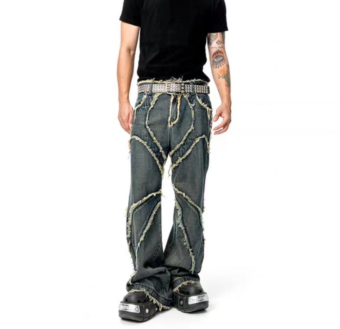 image of Retro Mud-Dyed Raw Edge Washed Distressed Jeans in Mud Dyeing, Men's (Size 32)