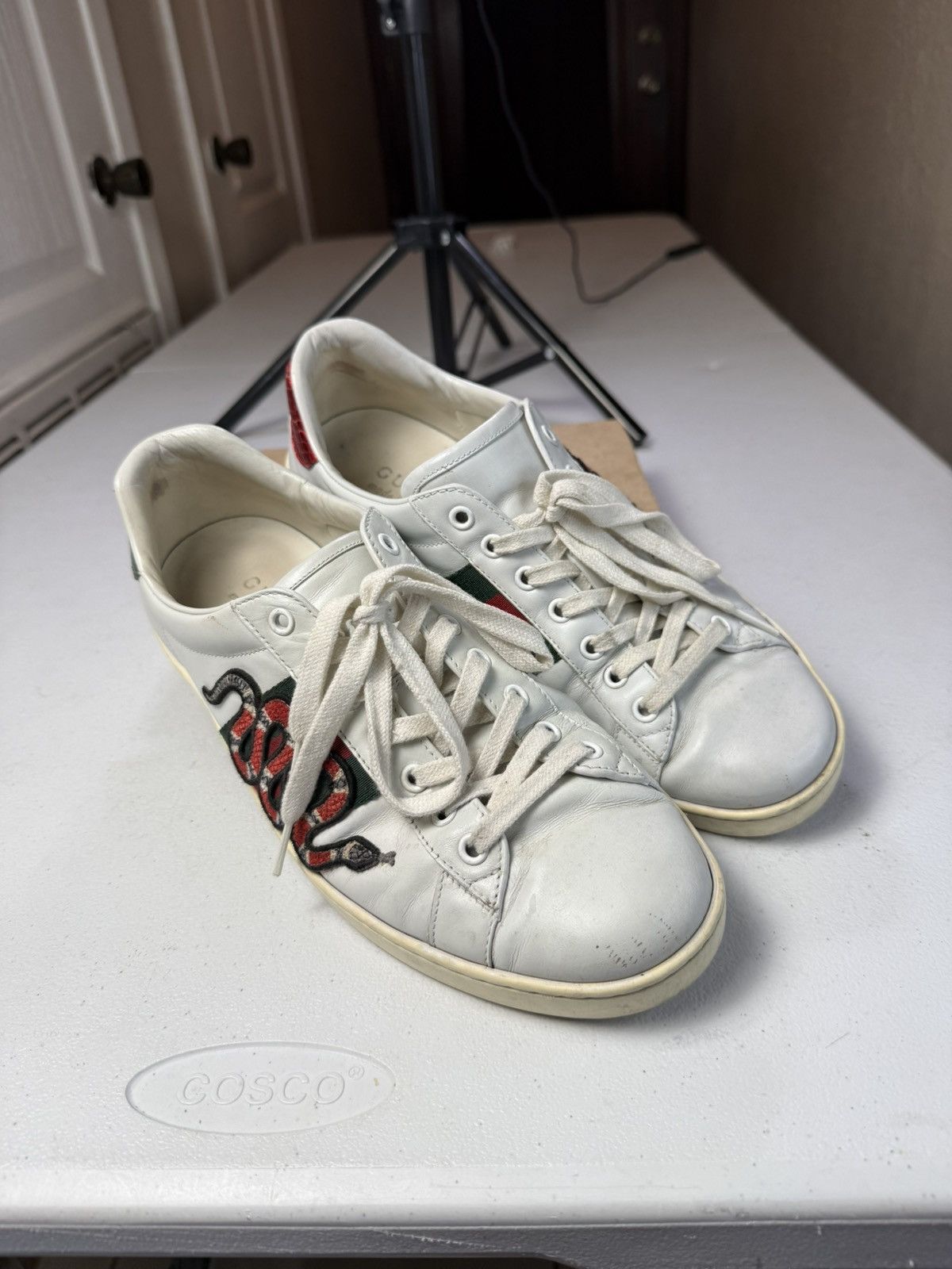 Gucci Mens Gucci Ace Embroidered Sneaker White Leather Snake Sz 8 Size US 8 / EU 41 - 16 Thumbnail