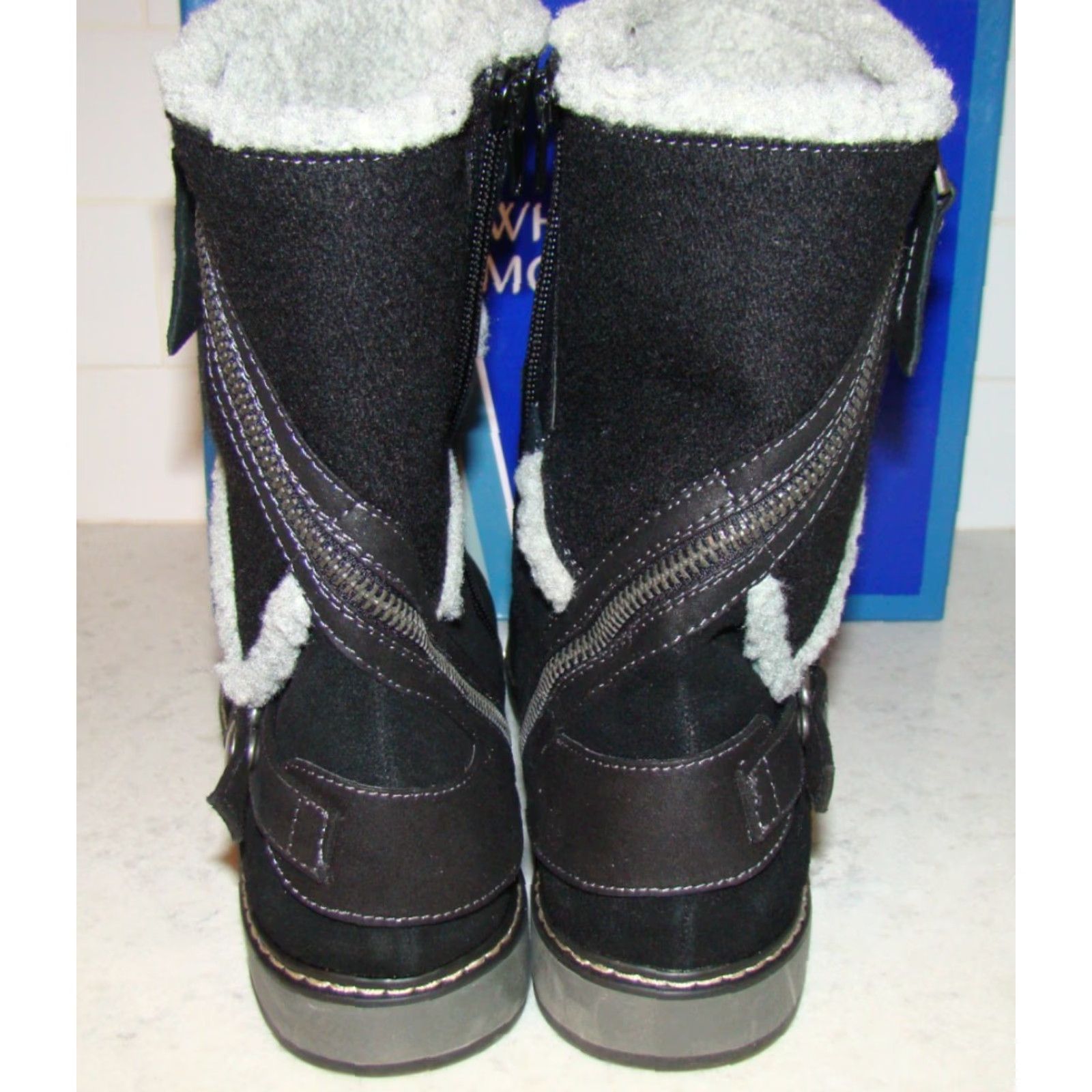 Vintage White Mountain Womens Boots Winter Suede Lined Black Ankle 9.5M Faux Fur Zip Button Strap Zipper Box Size L / US 10 / IT 46 - 6 Thumbnail