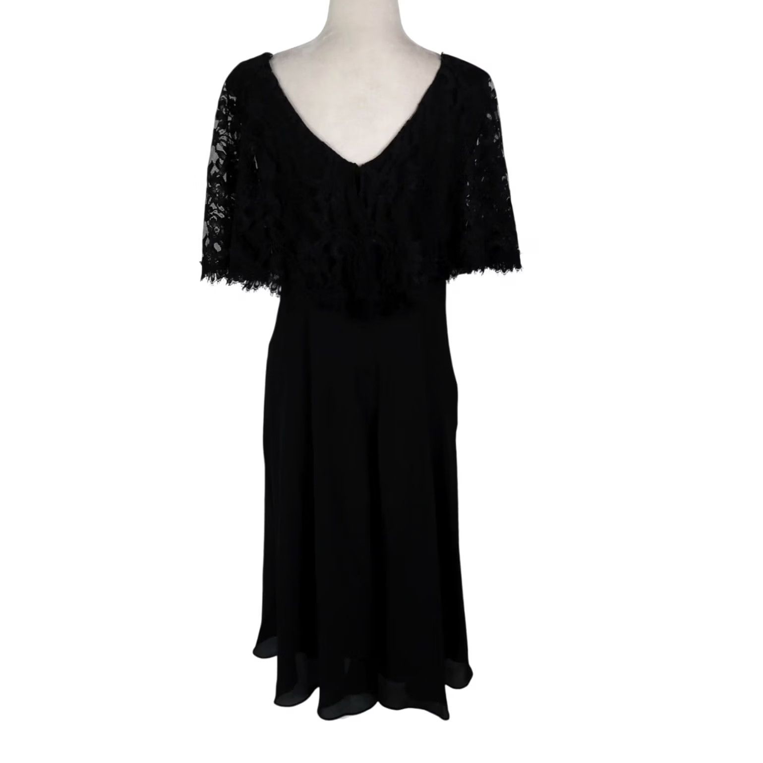 Vintage VINTAGE After Dark Black Midi Party Dress Sheer Lace Cape Overlay 12 80s A-Line Zip Womens Menus Size XL / US 12-14 / IT 48-50 - 4 Thumbnail