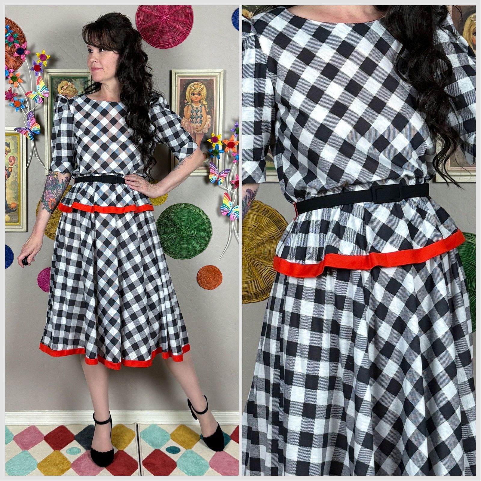 Vintage 1980s Black and White Gingham Short Sleeve Peplum Midi Dress Size S / US 4 / IT 40 - 1 Thumbnail