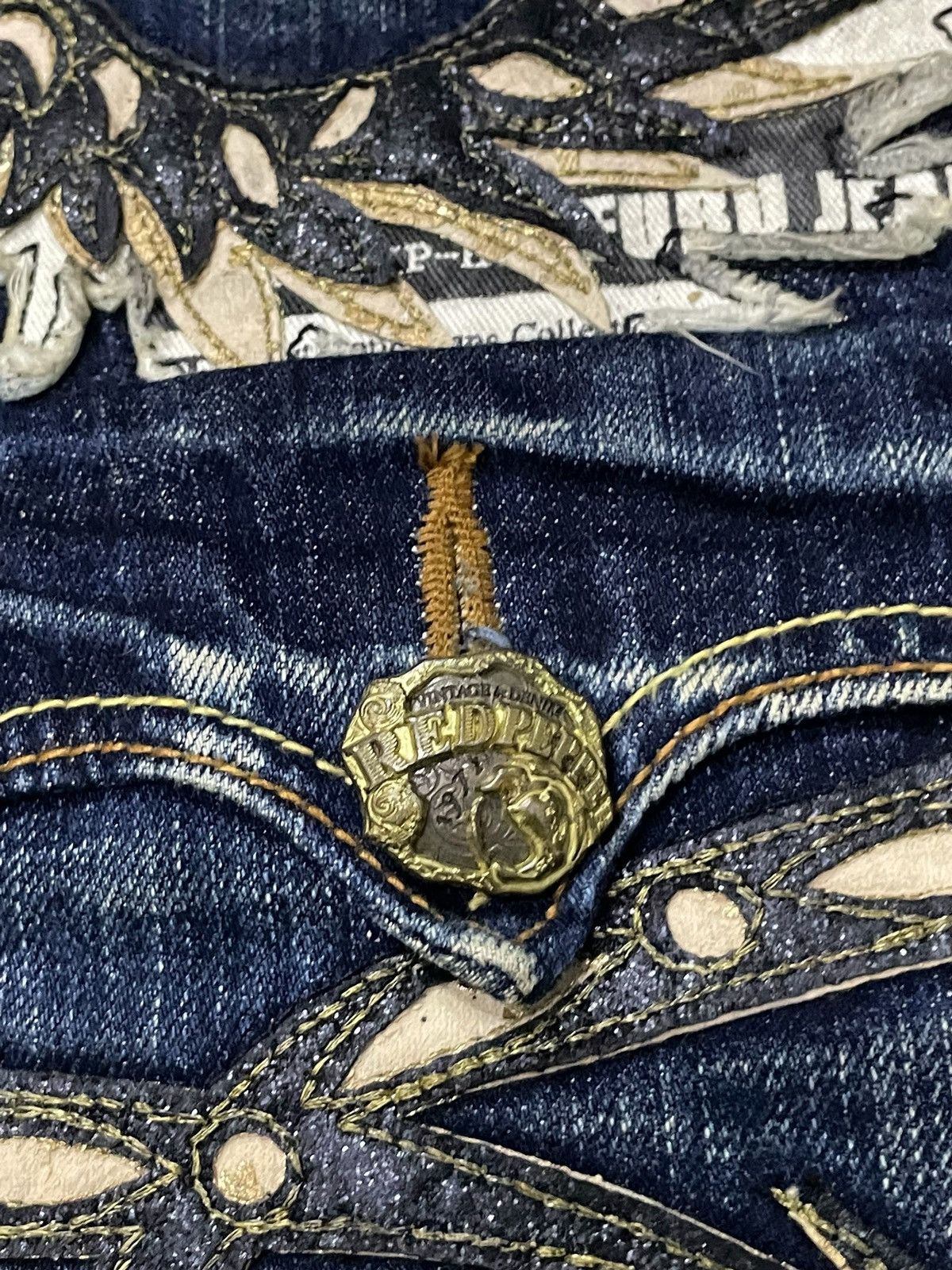 Japanese Brand × LOWBOX × semanticdesign Red Pepper Japan Leather Feather Wings Mud Wash Flare Jeans Size US 30 / EU 46 - 8 Thumbnail