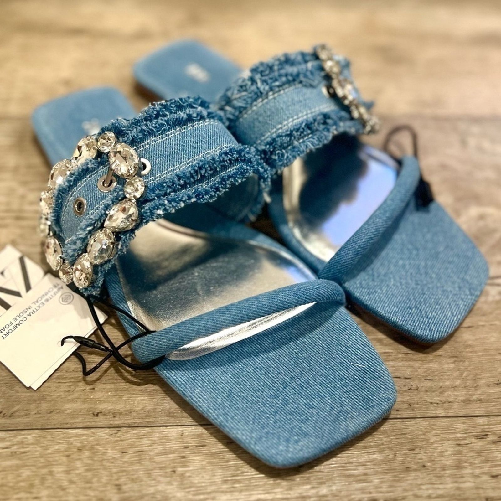 Zara ZARA Embellished Denim Slide Sandals NWT Size US 6.5 / IT 36.5 - 12 Thumbnail