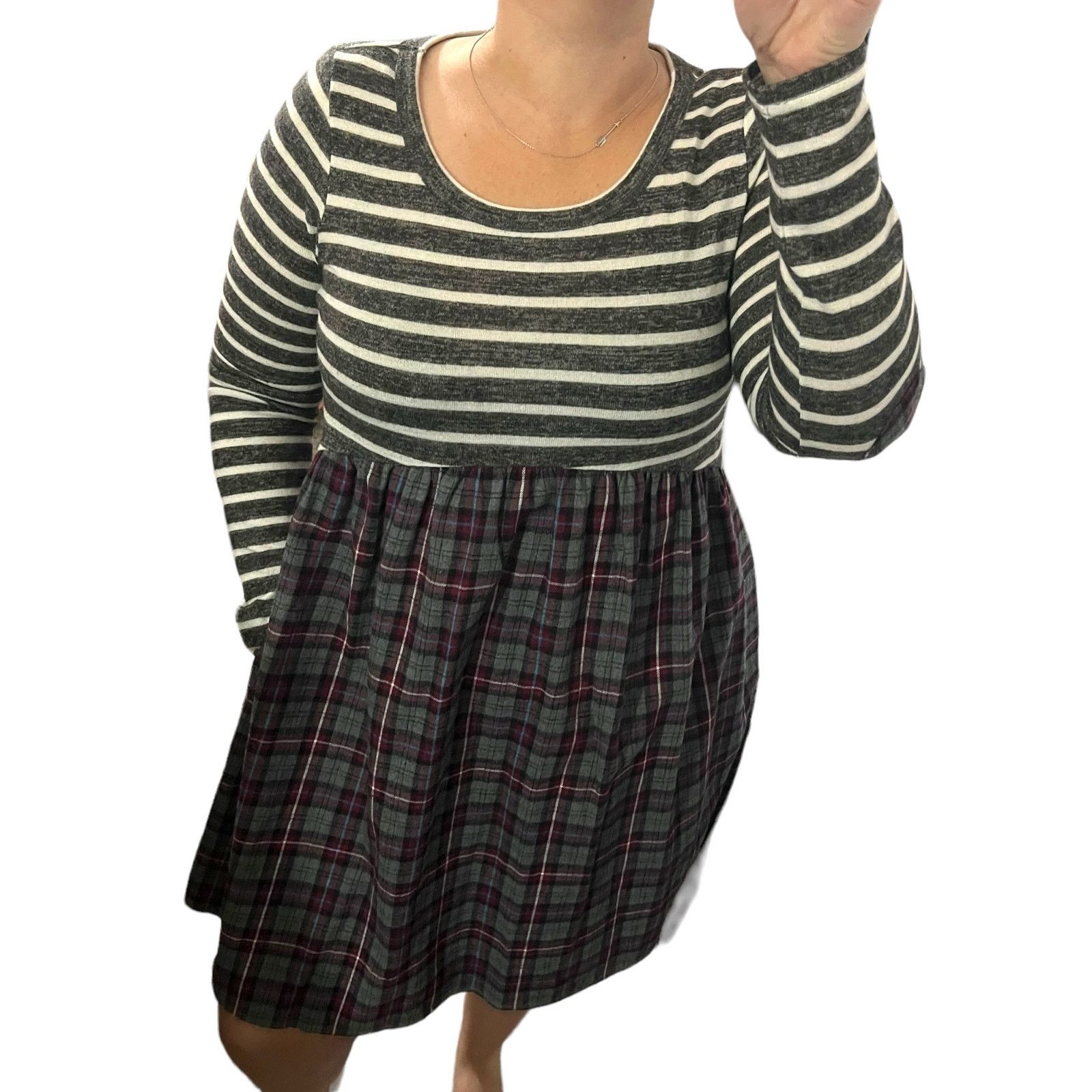 Other Striped Plaid Pocket Elbow Patch Pocketed Swing Dress Size M / US 6-8 / IT 42-44 - 2 Thumbnail