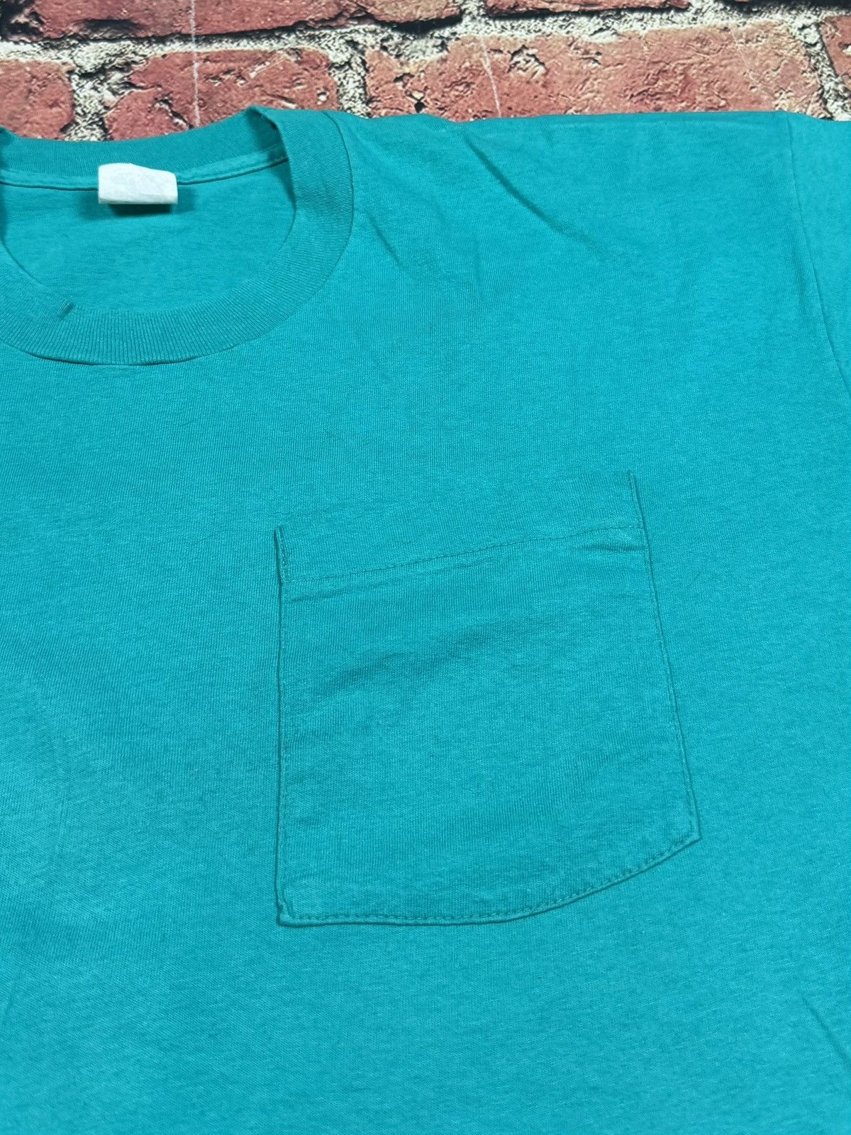Fruit Of The Loom Vintage Turquoise Blank Selvedge Pocket Tee Single Stitch Size US XXL / EU 58 / 5 - 4 Thumbnail
