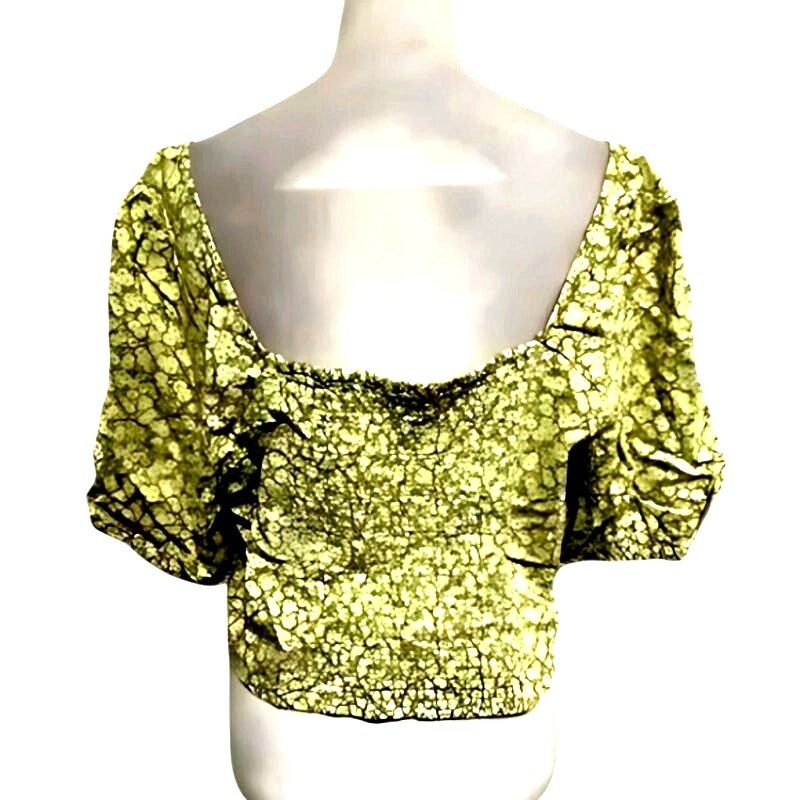 BP. BP. Puff Sleeve Crop Top Linen Yellow Floral Women's Plus 2X Size XXL / US 16-18 / IT 52-54 - 5 Thumbnail