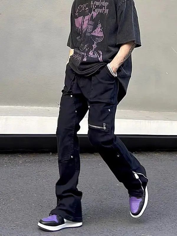 VIBE Street hip-hop irregular zipper workwear micro-flare jeans Size US 33 - 3 Thumbnail