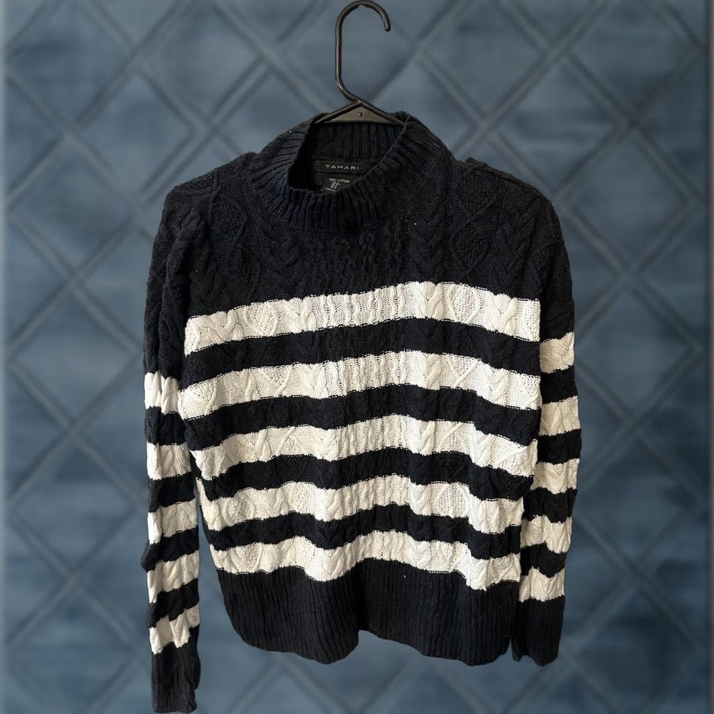 Vintage Tahari Sweater Women S White Black Striped Mock Neck Cable Knit 100% Cotton Size S / US 4 / IT 40 - 1 Thumbnail