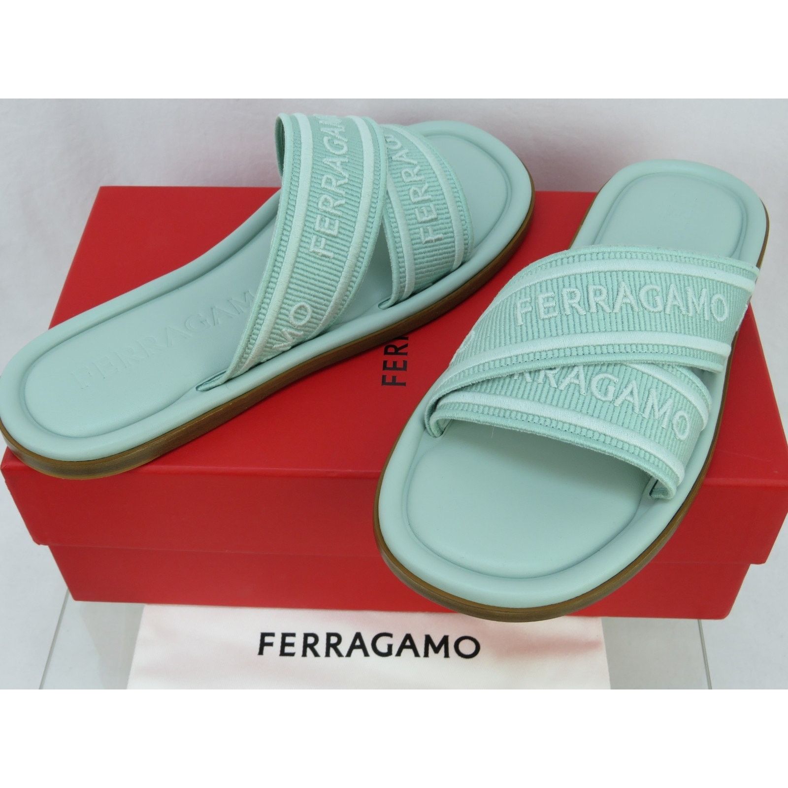 Salvatore Ferragamo FERRAGAMO LAURENE LIGHT GREEN LOGO FLATS SANDALS SLIDES 9 C Size US 9 / IT 39 - 10 Thumbnail