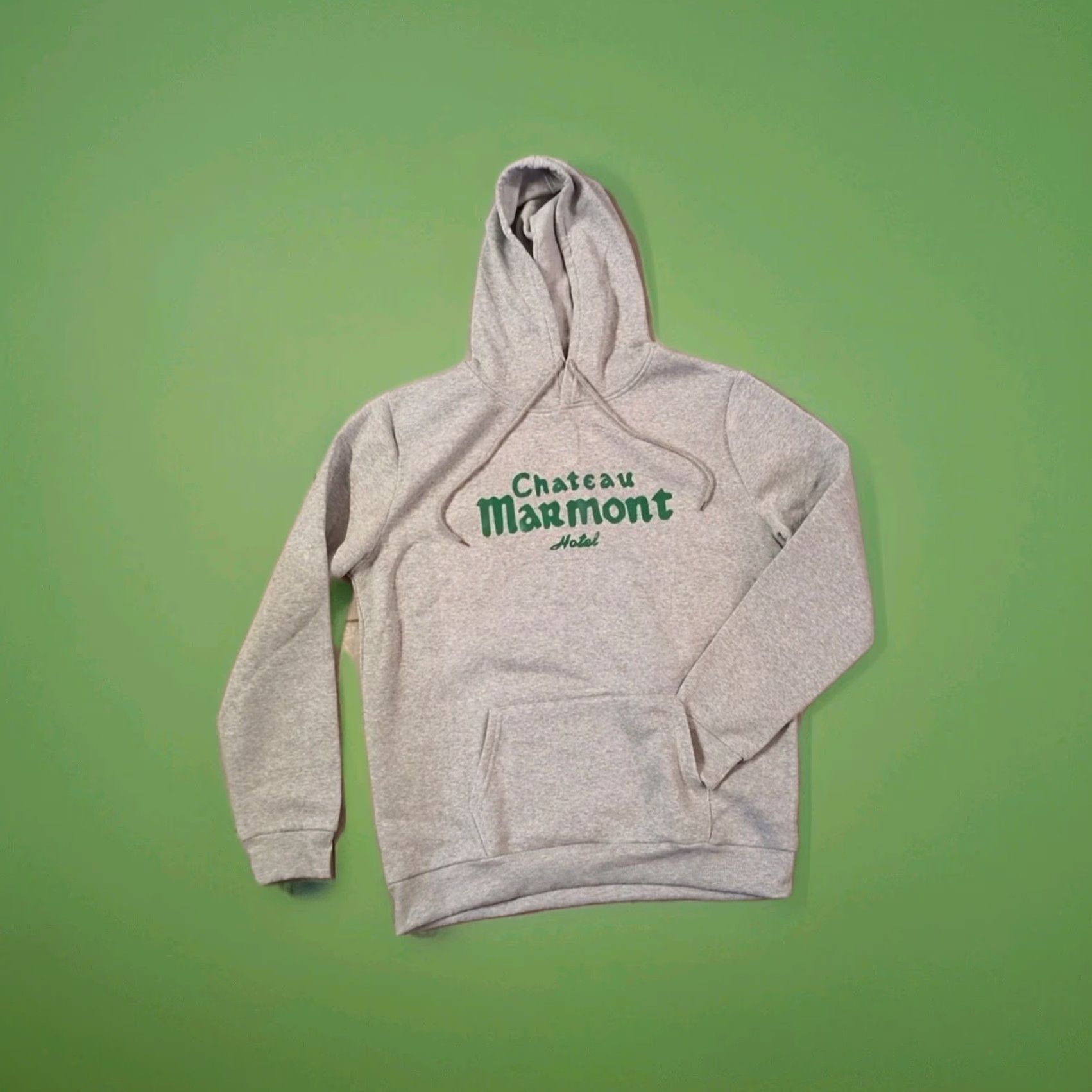 Vintage Chateau Marmont Gray Hoodie L Regular Men Pullover Sweatshirt with Pockets 90s Art Music Beach City Green Lettering Size US L / EU 52-54 / 3 - 3 Thumbnail