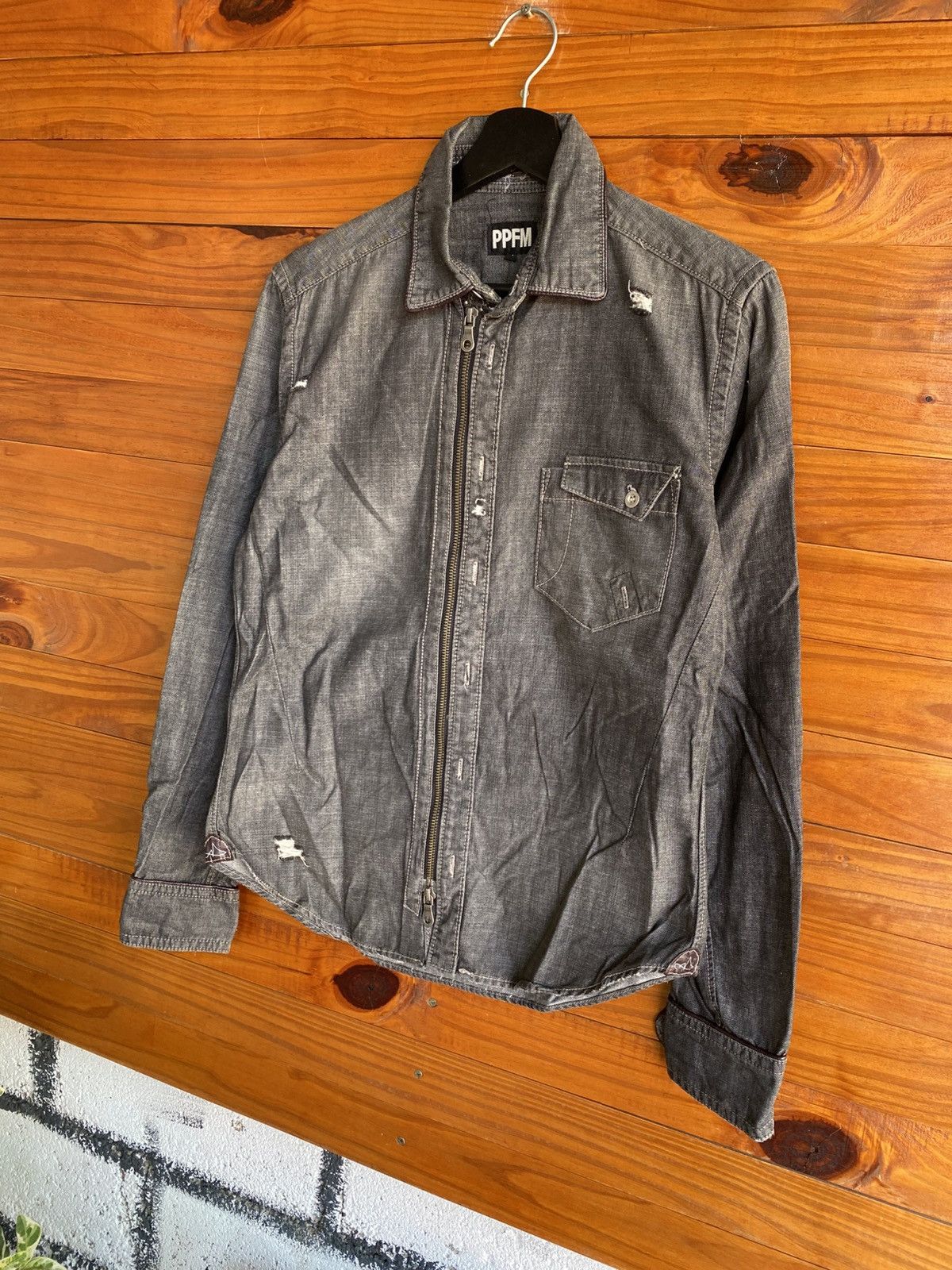 PPFM PPFM Japan Distressed Denim Jacket Grey Zip-Up Workwear Size US S / EU 44-46 / 1 - 4 Thumbnail