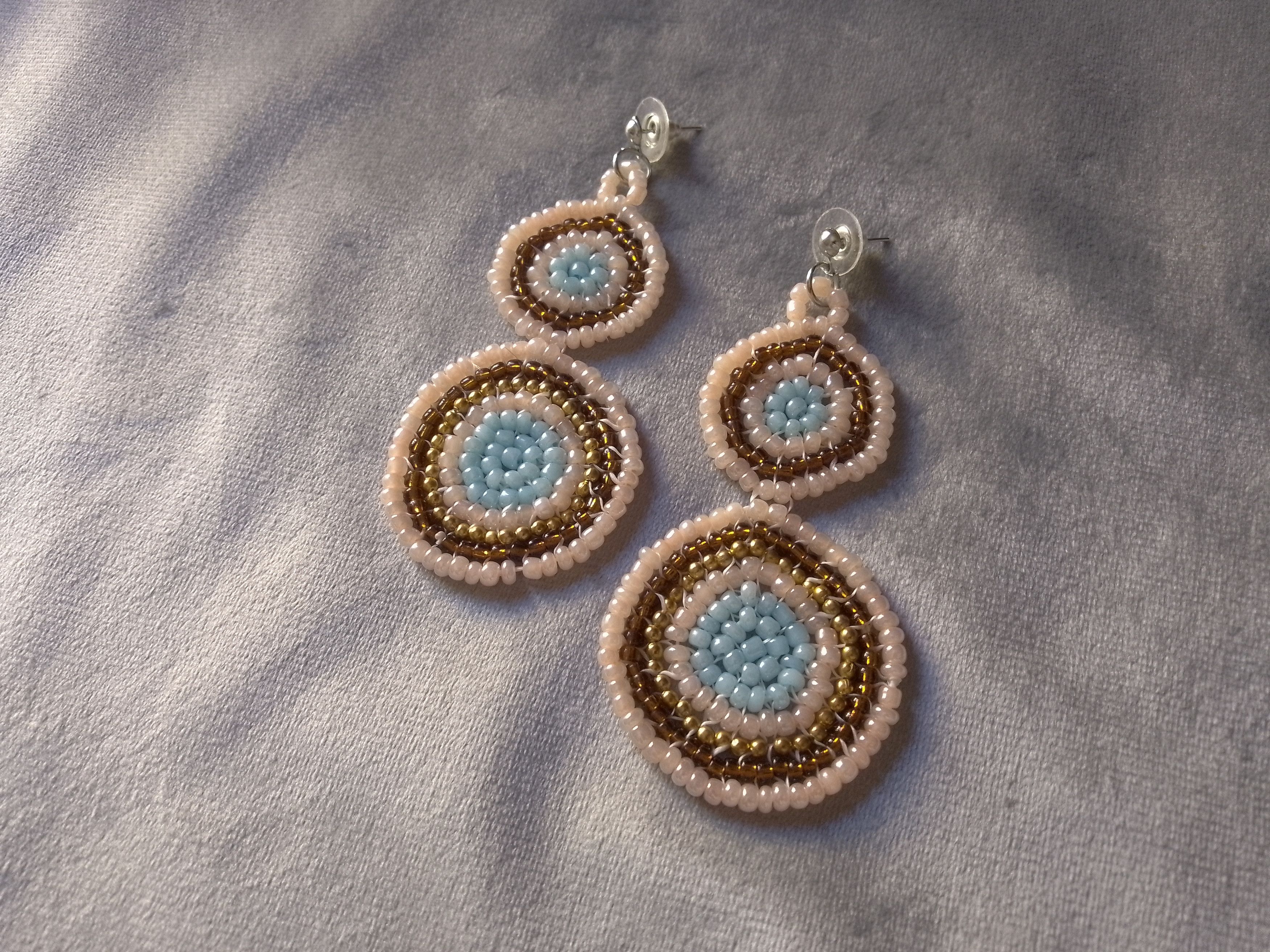 Handmade Earrings Circles Long Pink Brown Blue Embroidered Size ONE SIZE - 1 Thumbnail