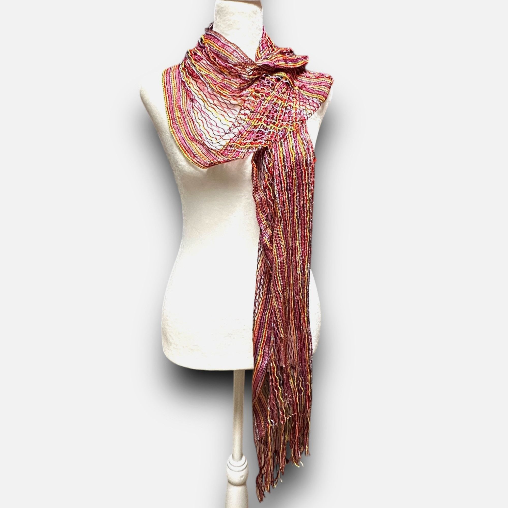 Designer Festive Colorful "Silk Feel" Polyester Mesh Scarf Fringe EUC Size ONE SIZE - 2 Thumbnail