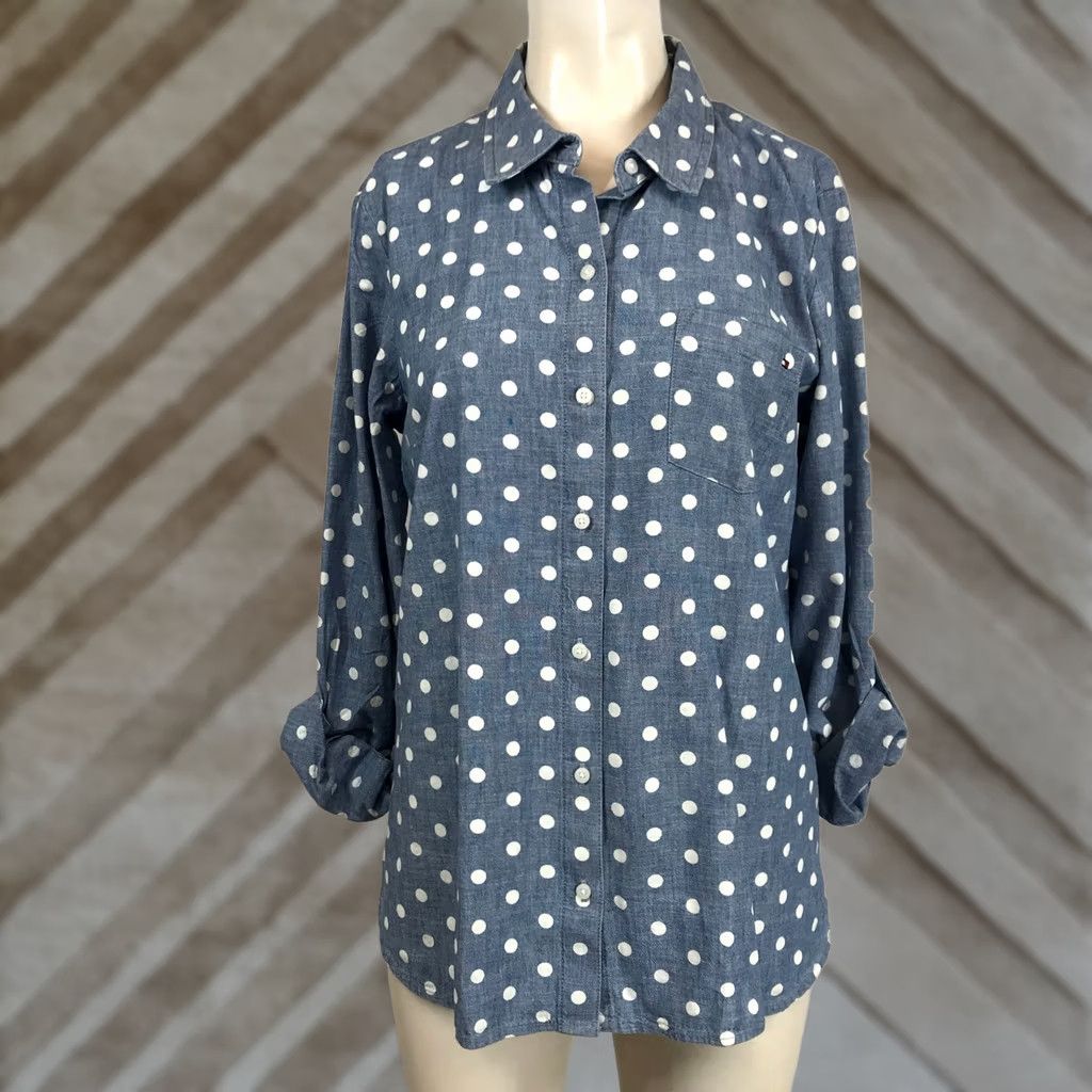 Tommy Hilfiger VINTAGE Tommy Hilfiger Woman Blue White Polka Dot Long Sleeve Button-Up Shirt M Size M / US 6-8 / IT 42-44 - 1 Thumbnail