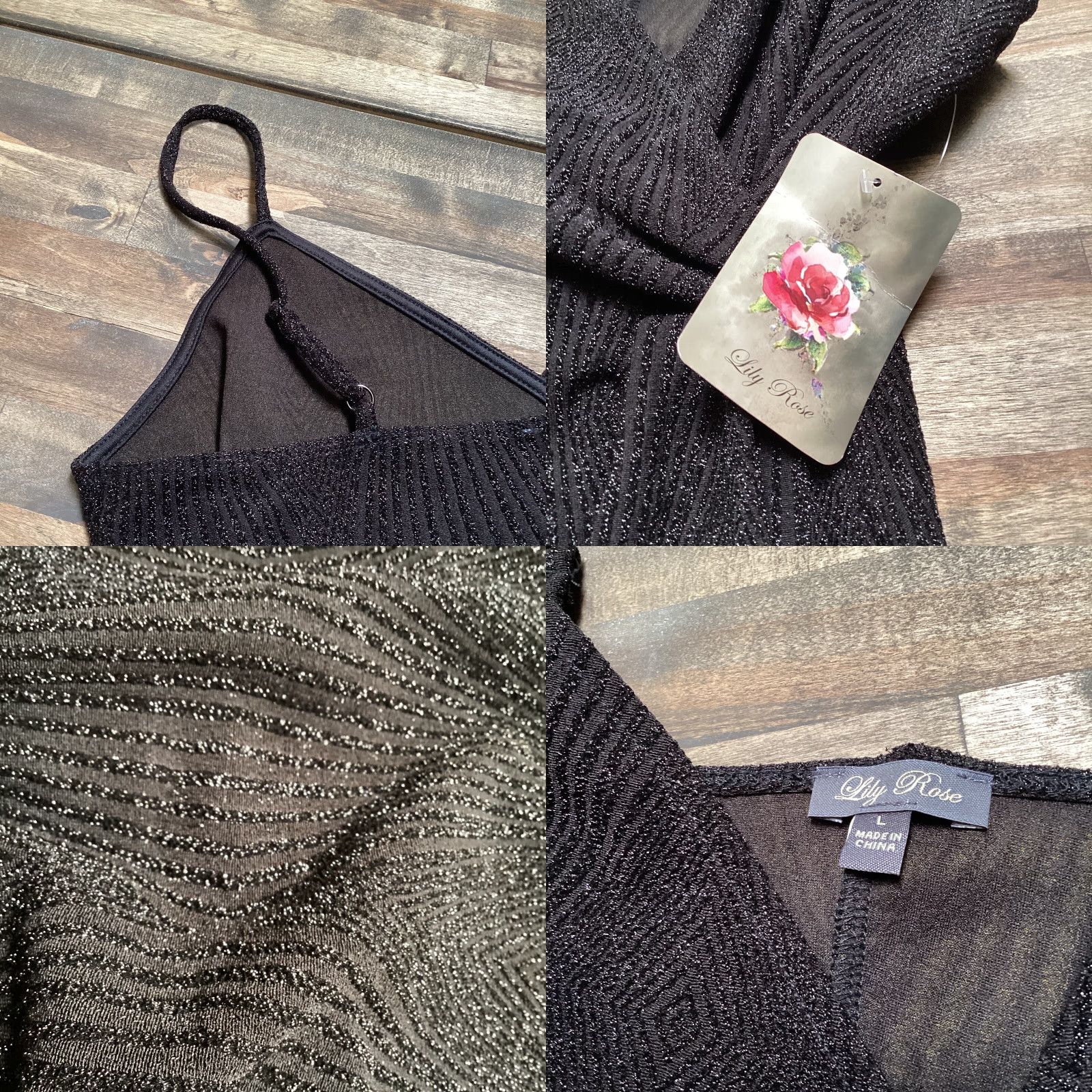 Vintage Lily Rose Dress L Black Shimmer Spaghetti Strap Knotted Side Wrap Mini V-Neck Juniors Party Cocktail Knee Length Womens Size L / US 10 / IT 46 - 8 Thumbnail