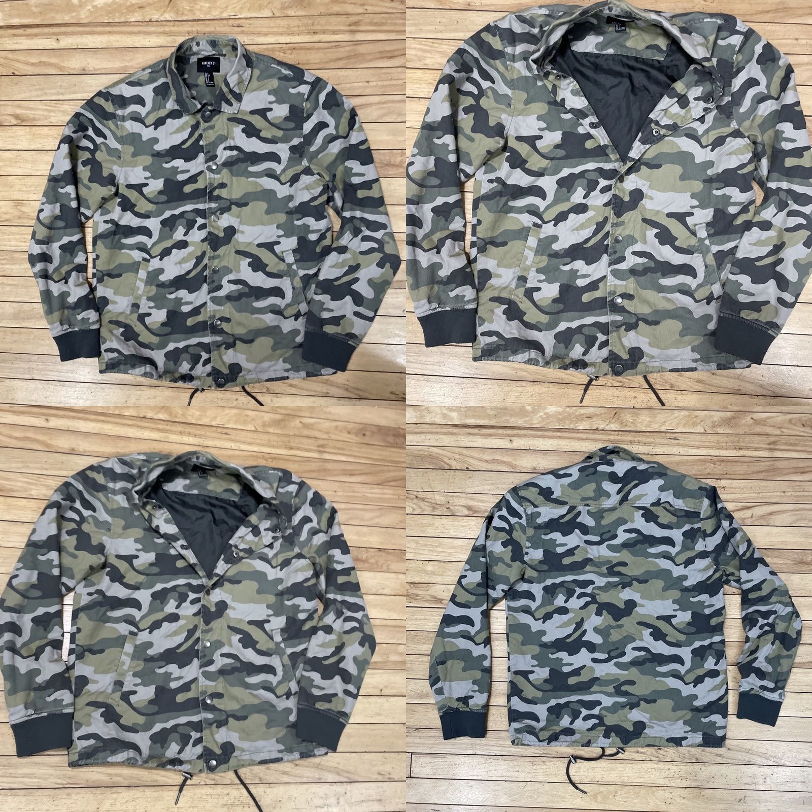 Forever 21 FOREVER 21 Jacket Men S Camouflage Army Green Gray Lined Bomber Button Snap Waist Cinched Canvas Polyester Casual Military Style 90s Size US S / EU 44-46 / 1 - 11 Thumbnail