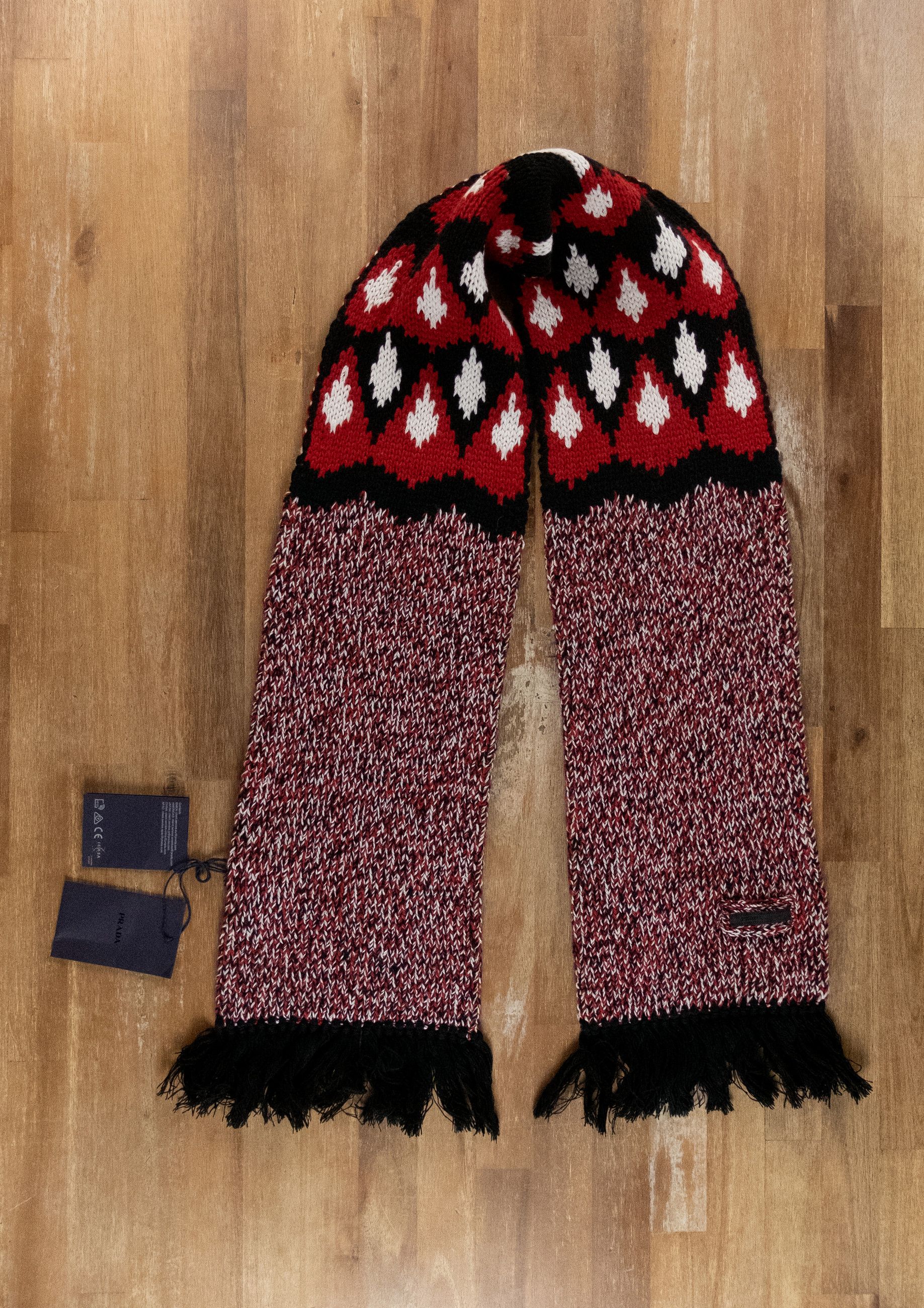 Prada PRADA red black white wool cashmere fringe scarf authentic Size ONE SIZE - 1 Thumbnail