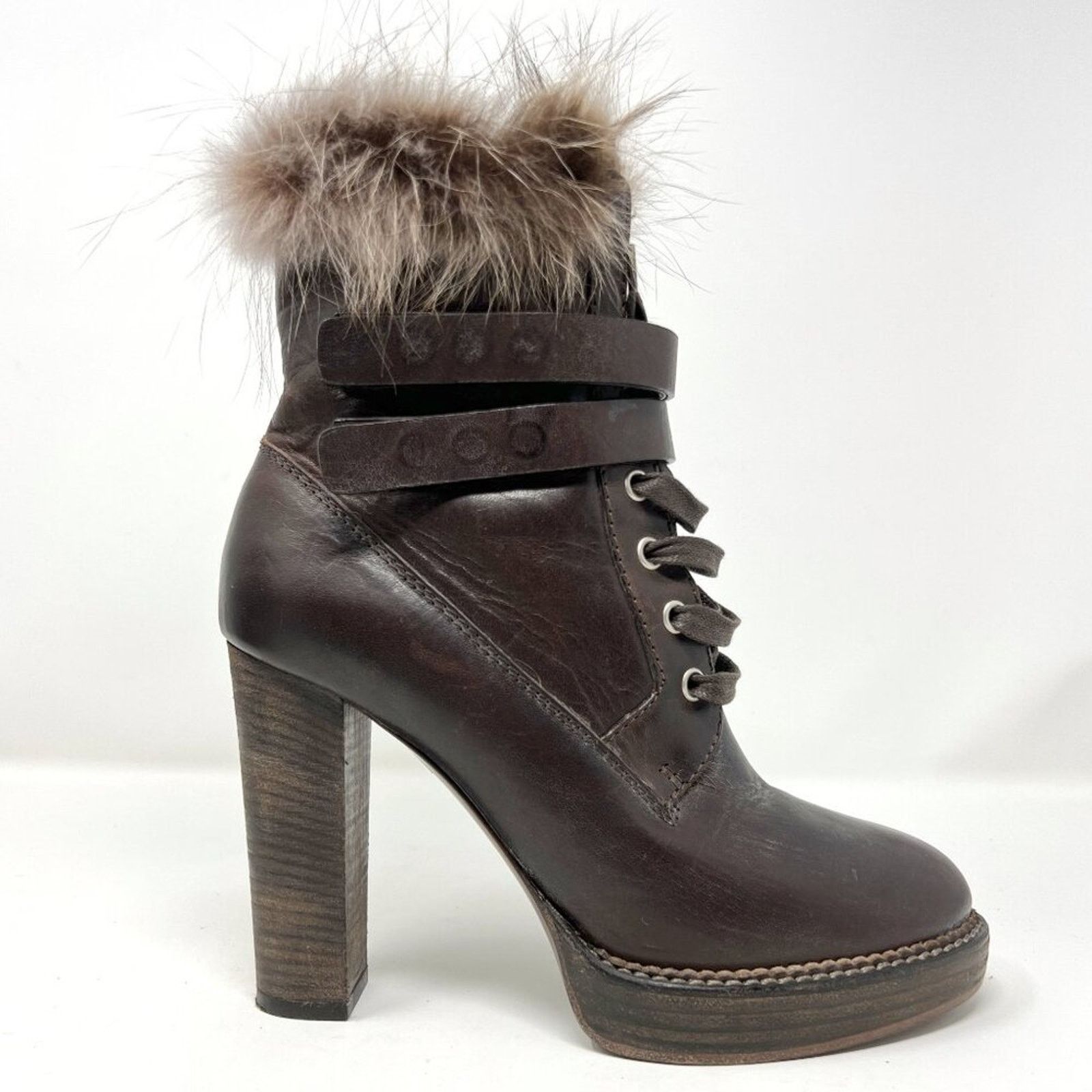 Brunello Cucinelli Brunello Cucinelli Brown Leather Fur Lace-Up High Heel Boots Size US 7.5 / IT 37.5 - 3 Thumbnail