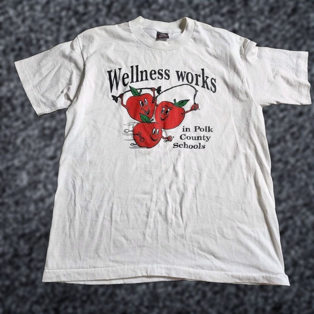 Fruit Of The Loom Vintage Mens L Wellness Works Apple Polk County FL Schools T Shirt Distressed Size US L / EU 52-54 / 3 - 1 Thumbnail