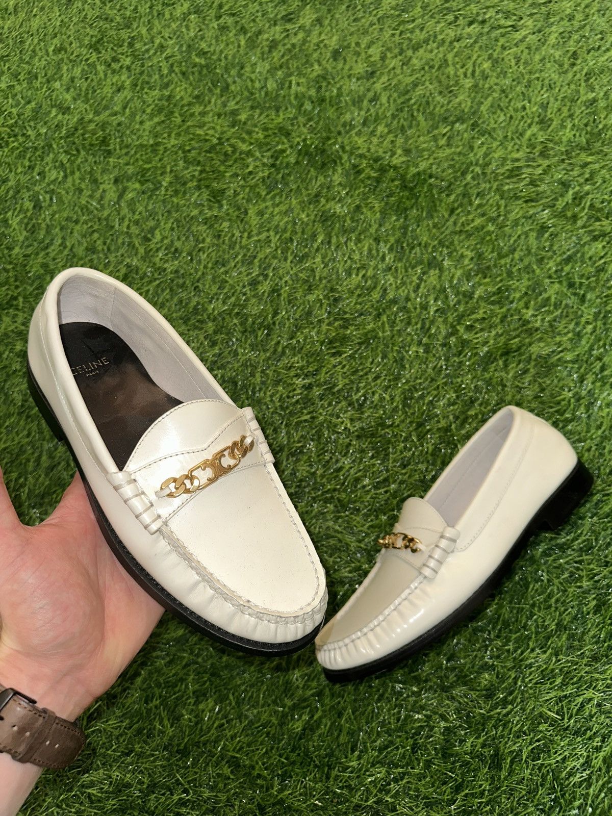 Celine Celine White Leather Luco Triomphe Chain Loafers Size 38 Size US 6 / EU 39 - 1 Thumbnail