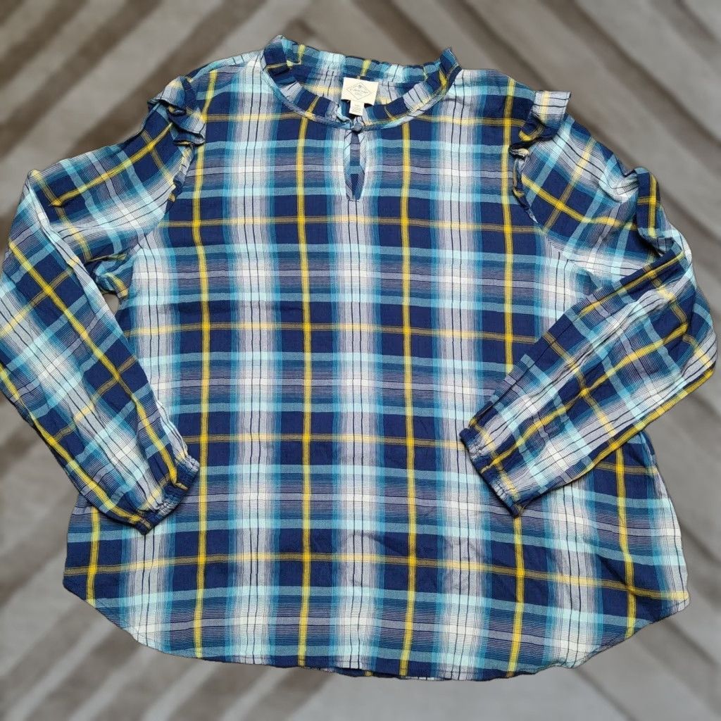 Vintage St. John's Bay Blue Plaid Ruffle Rayon Blend Pullover BOHO Shirt - Women 2XL NEW Size XXL / US 16-18 / IT 52-54 - 1 Thumbnail