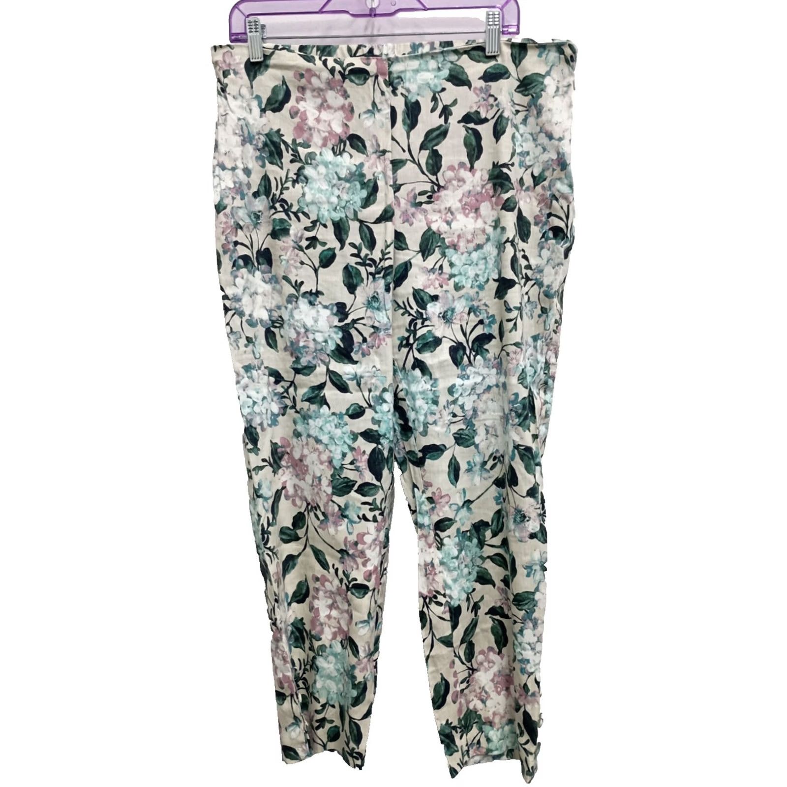 J. Jill J.JIll Pants Womens Large White Blue Floral Linen Stretch Crop Coastal Casual Size 36" / US 14 / IT 50 - 2 Thumbnail