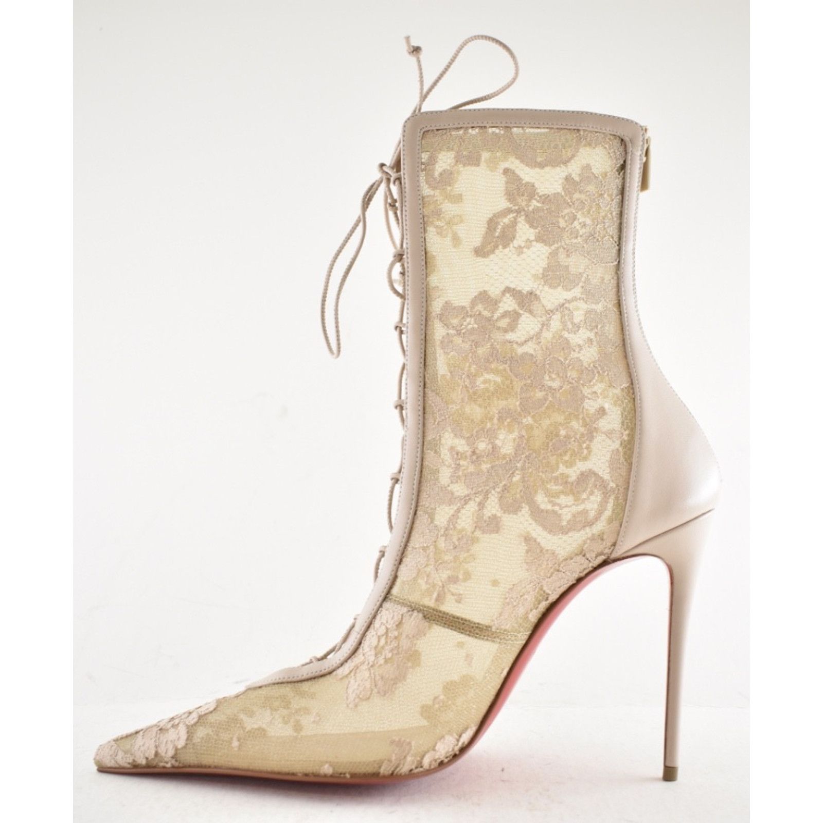 Christian Louboutin KM Lace Booty 100 Pearl Beige Lace Up Ankle Heel Bootie 40 Size US 10 / IT 40 - 16 Thumbnail