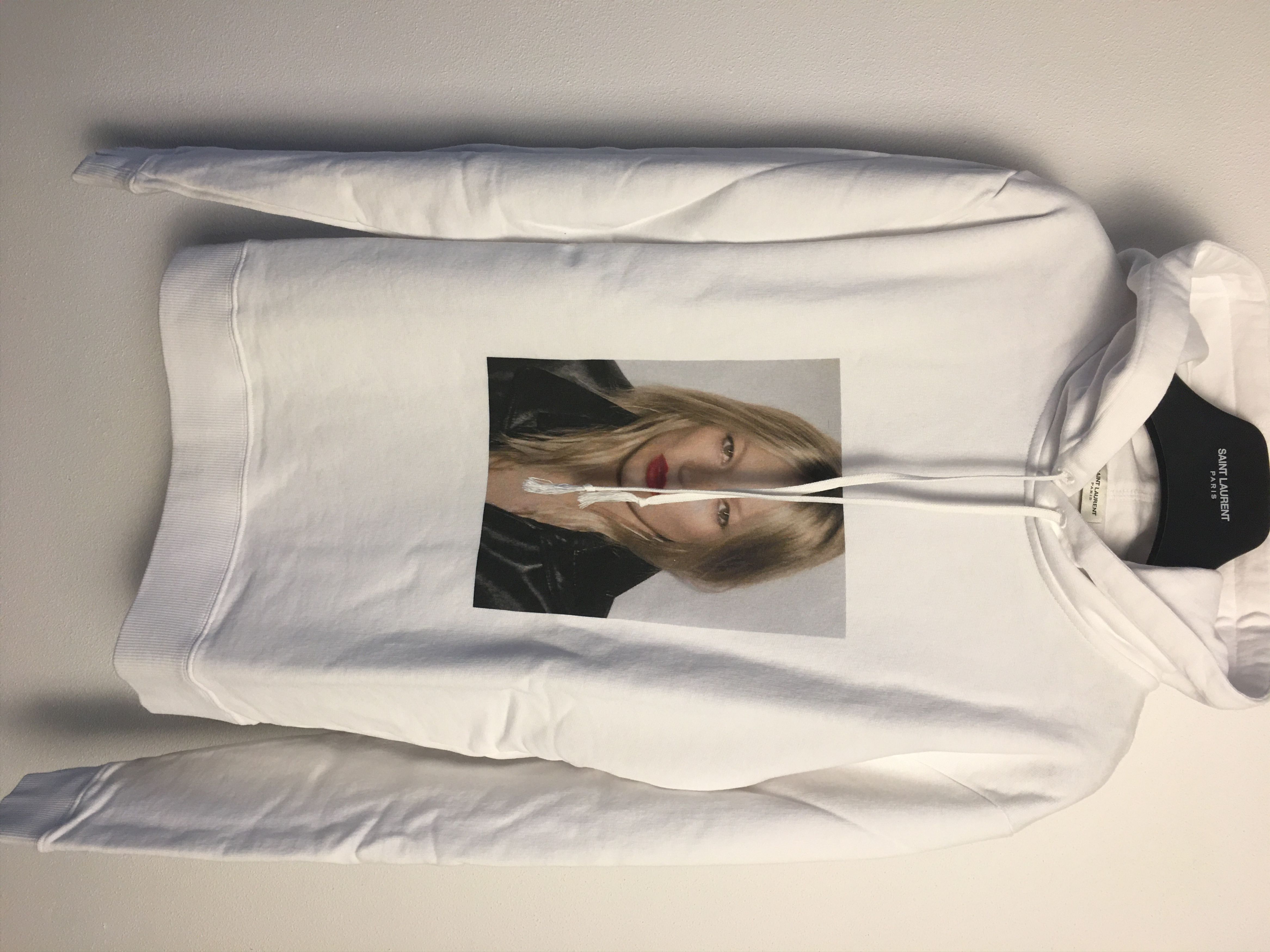 image of Saint Laurent Paris Hoodie Print Kate Moss in White, Men's (Size Large)