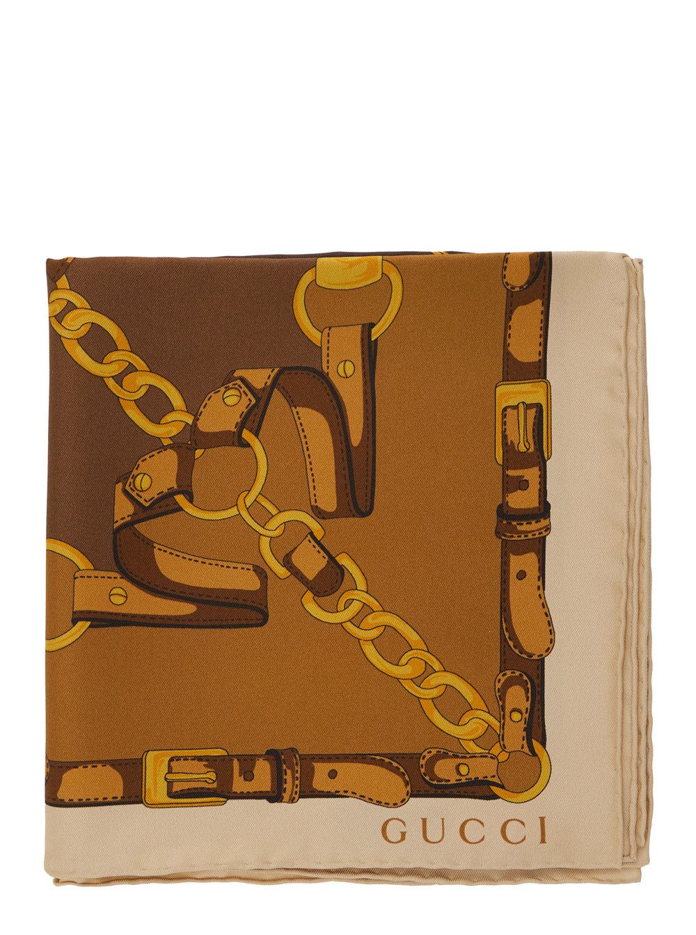 Gucci Brown Square Scarf with Chain Print and Logo Lettering in Silk for Women Size ONE SIZE - 1 Thumbnail