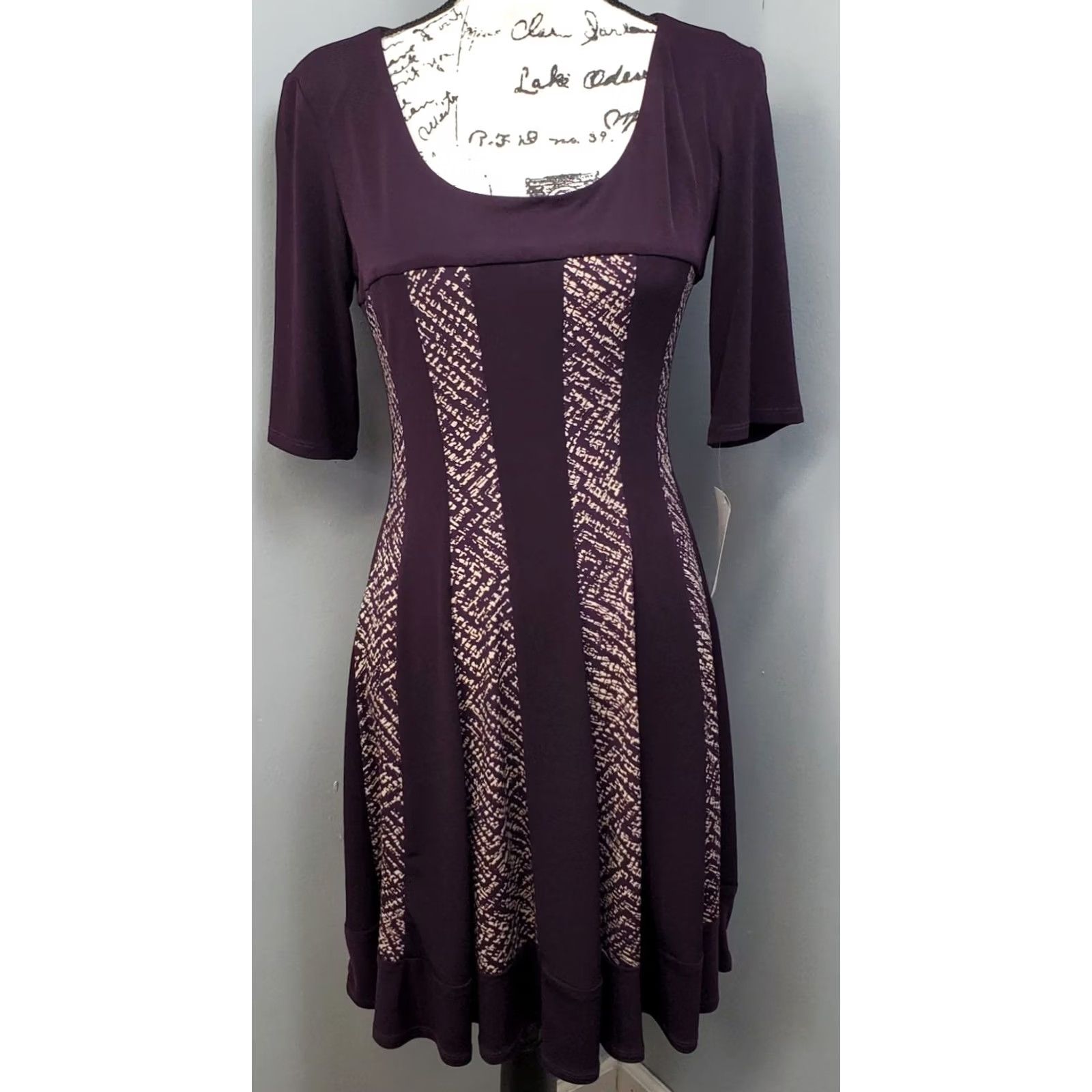 Vintage Connected Apparel Sheath Dress Womens Size 10P Purple Tan Stretch Scoop Neck Dress Size L / US 10 / IT 46 - 2 Thumbnail