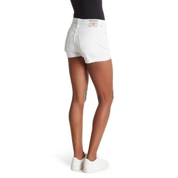 True Religion Womens White MId Rise Cuffed Raw Hem Short Jea