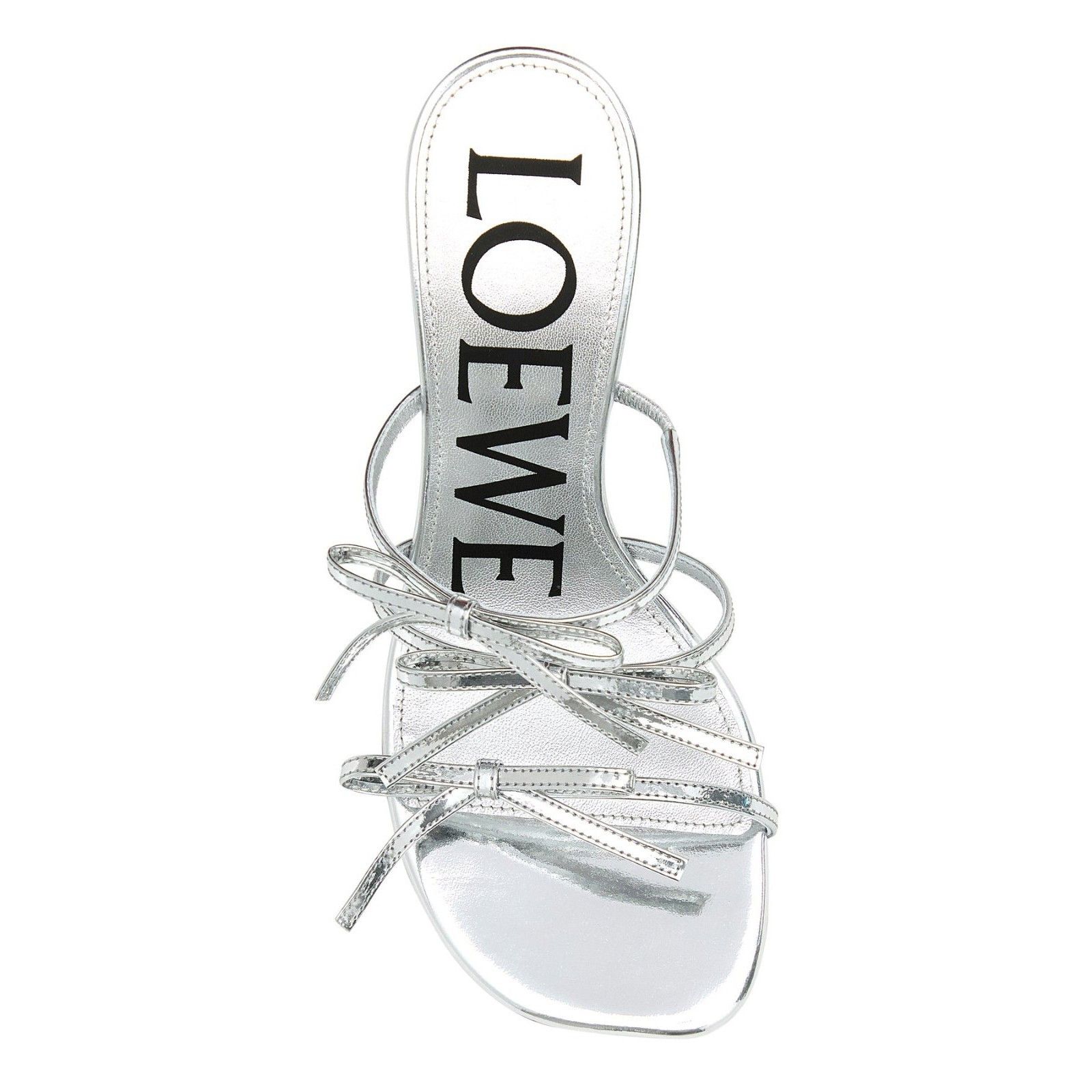 LOEWE Petal Bow Metallic Silver 90mm Heel Mules New & Authen