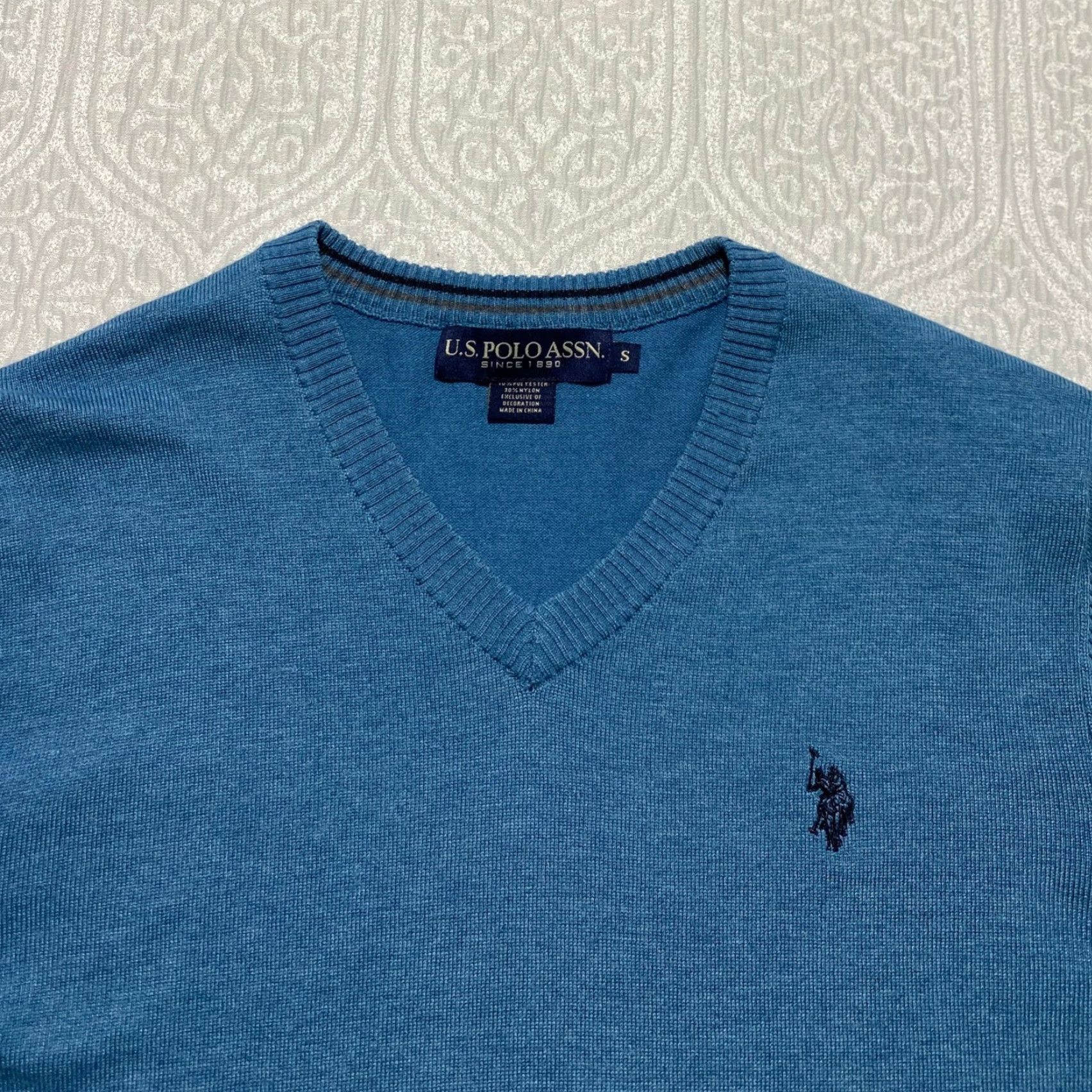 U.S. Polo Assn. US Polo Assn Mens Sweater V-Neck Heathered Blue S Embroidered Logo Long Sleeve Size US S / EU 44-46 / 1 - 2 Thumbnail