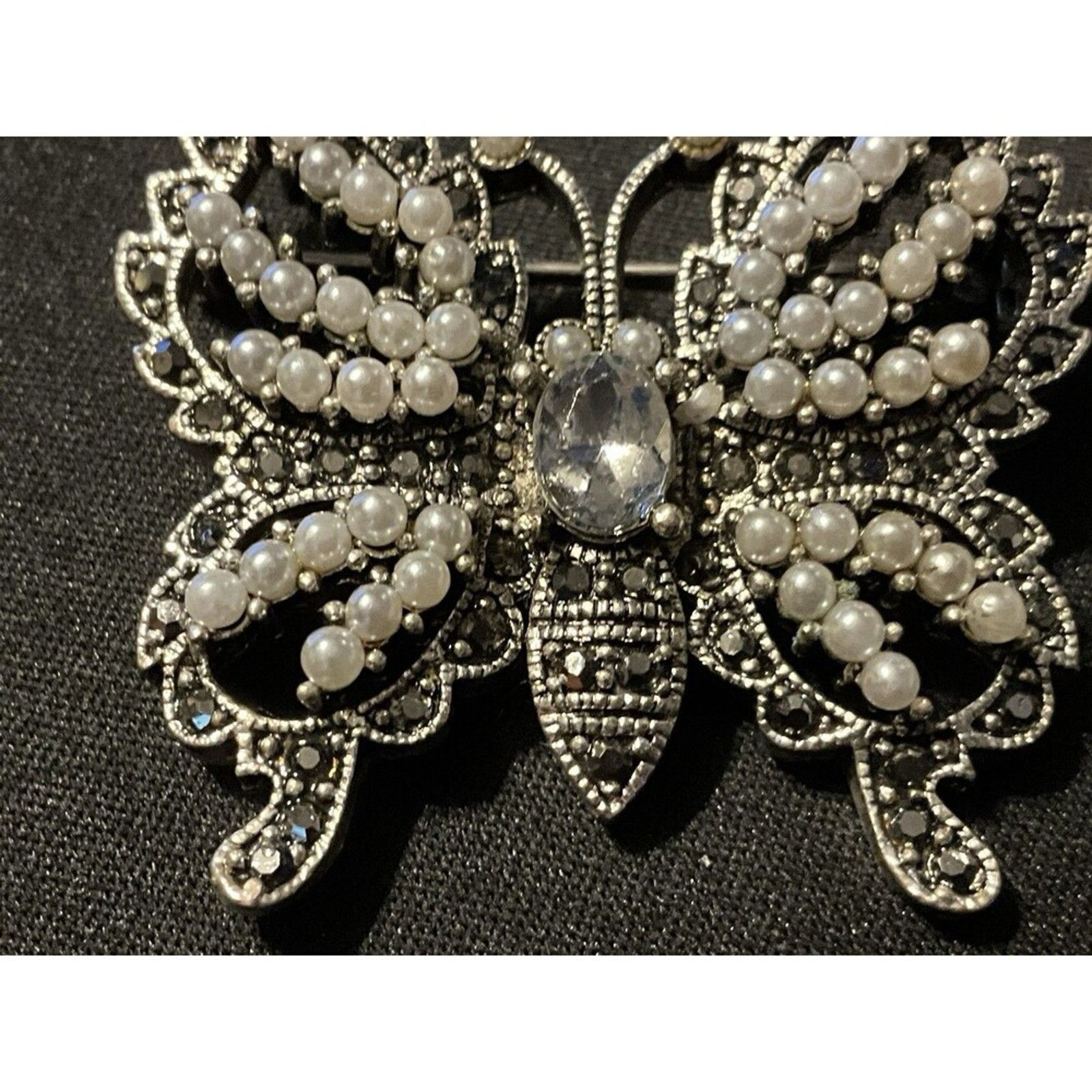 Other Faux Pearl, Marcasites & Rhinestone Silver Butterfly Brooch Size ONE SIZE - 4 Thumbnail