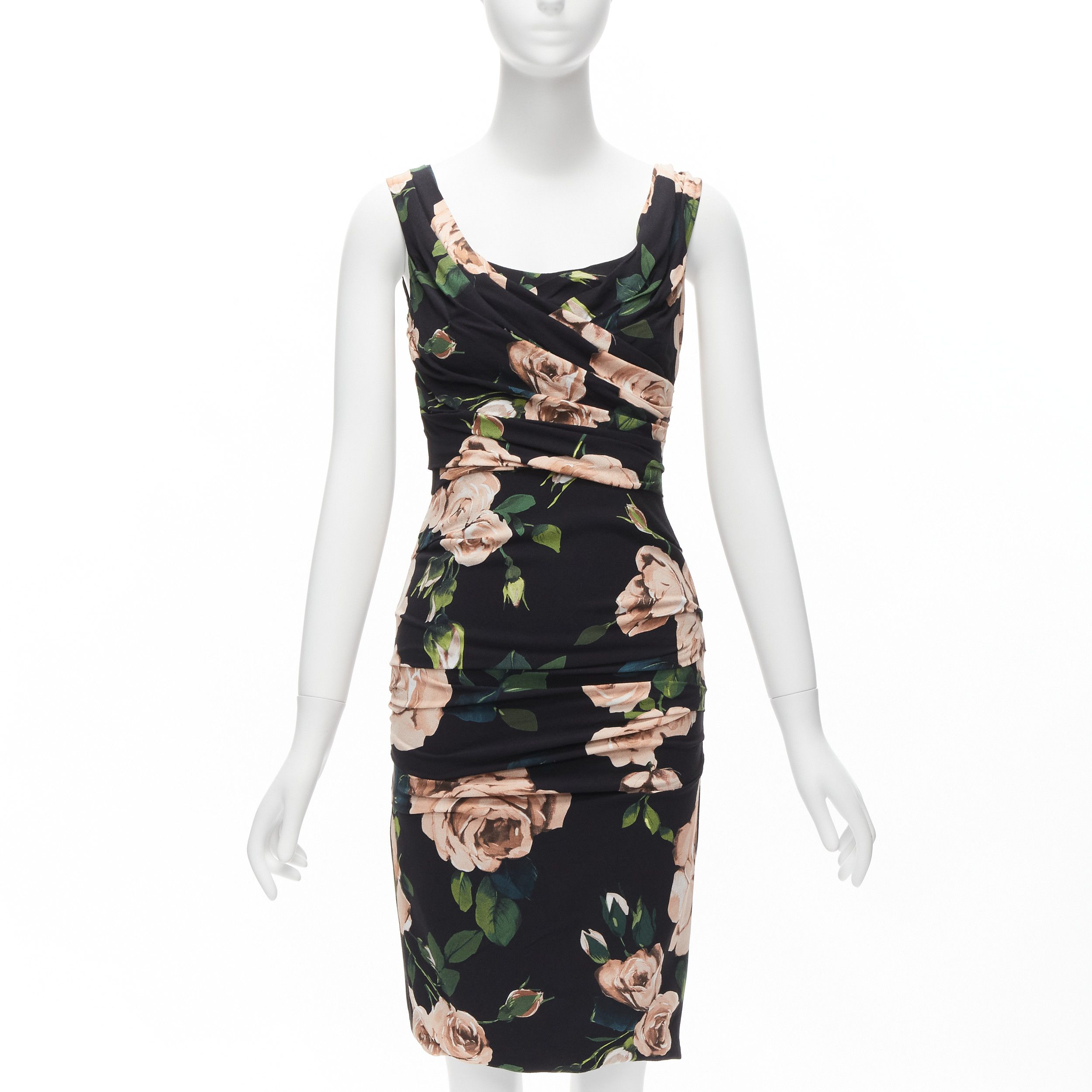 Dolce & Gabbana DOLCE GABBANA black pink rose print silk lined draped mid cocktail dress IT38 XS Size XS / US 0-2 / IT 36-38 - 1 Thumbnail