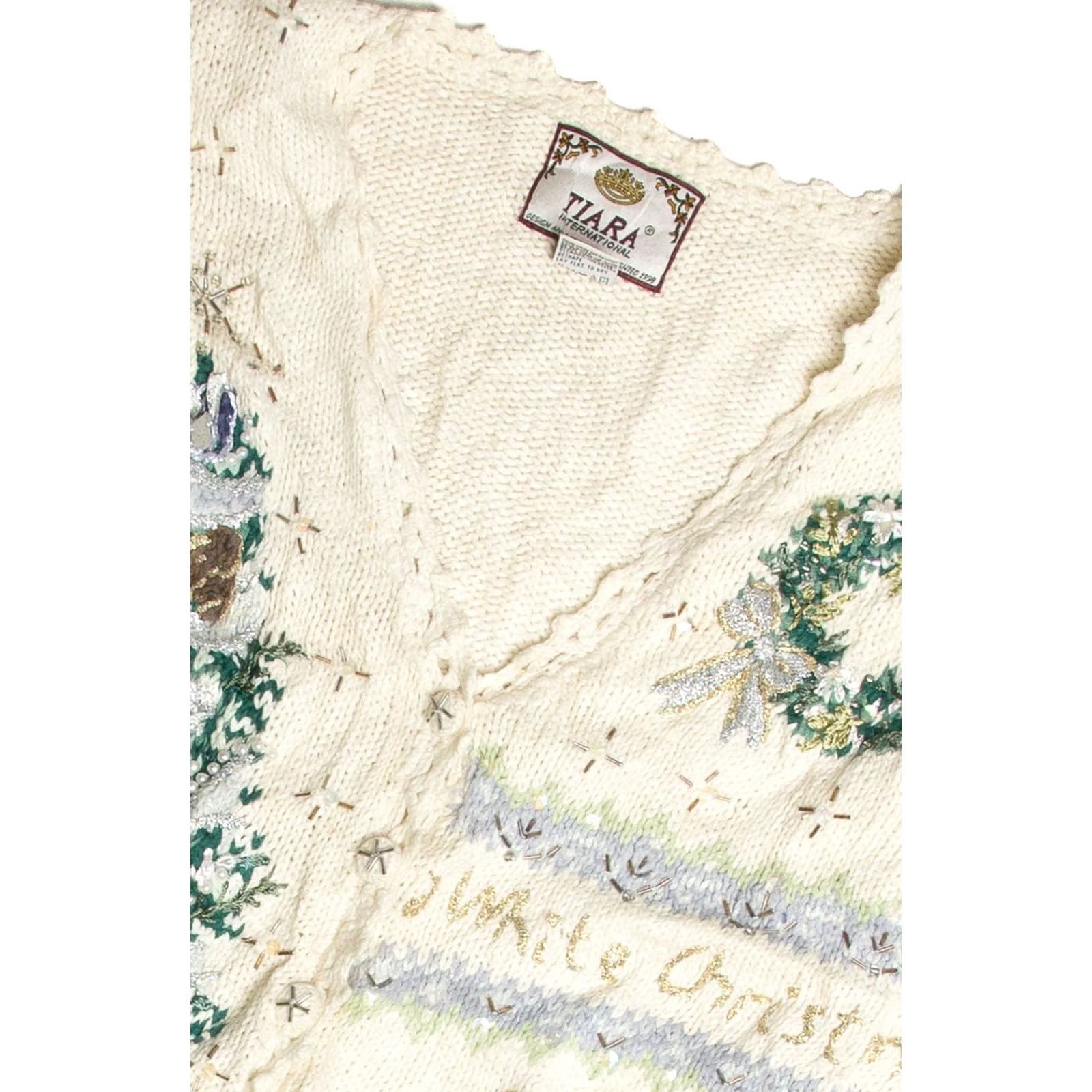 Vintage VINTAGE White Ugly Christmas Cardigan - TIARA Cardigan, Medium, Adults, White, Ramie / Cotton / Other, 27” Length, 44” Chest Bust, 1954 Ragstock Size M / US 6-8 / IT 42-44 - 2 Thumbnail