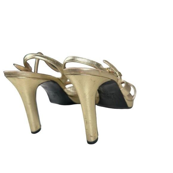 Vintage × Yves Saint Laurent Yves Saint Laurent Gold Metallic Leather 4″ Heeled Sandals S Size US 9 / IT 39 - 8 Thumbnail