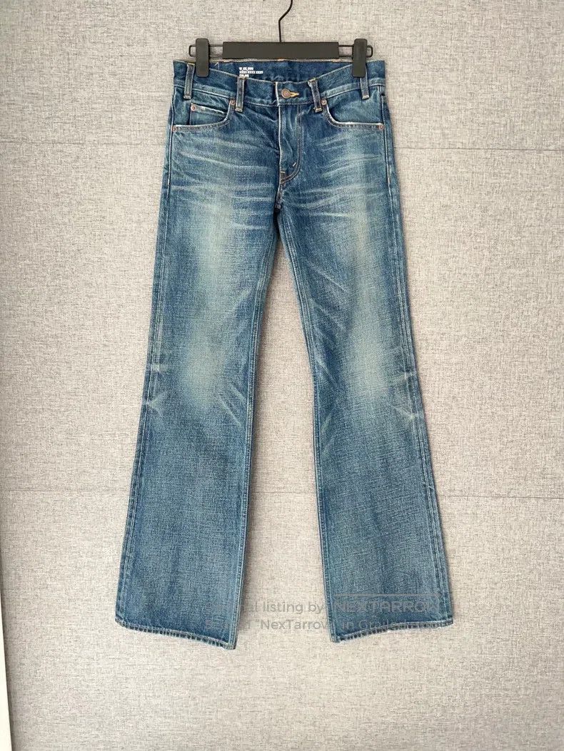 CELINE Water Washed Distressed Low Rise Flared Denim Pants