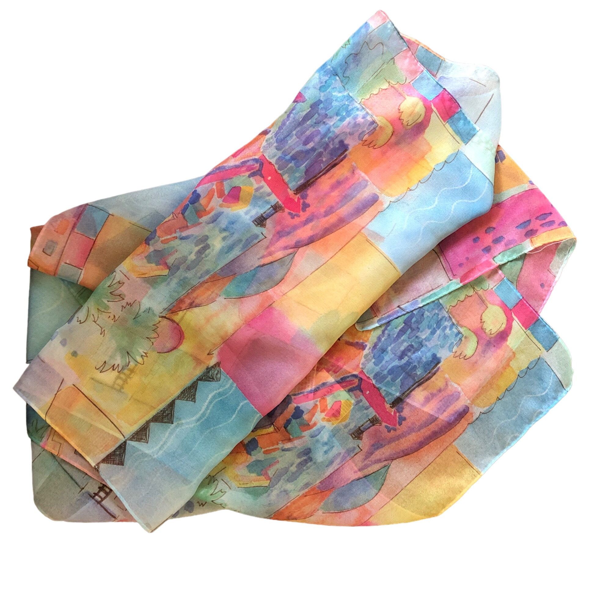 Vintage Vintage Basha Pastel Abstract Scenic Print Polyester Scarf Size ONE SIZE - 9 Thumbnail