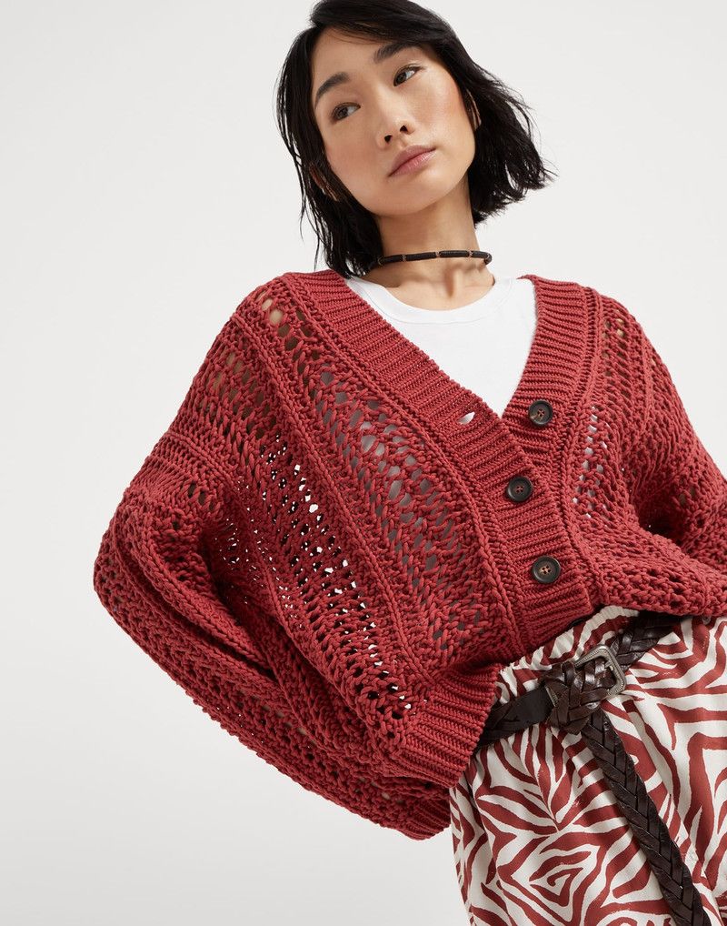 Brunello Cucinelli o1la1rc1a0326 Cotton Ribbed Net Cardigan in Red Size M / US 6-8 / IT 42-44 - 4 Thumbnail
