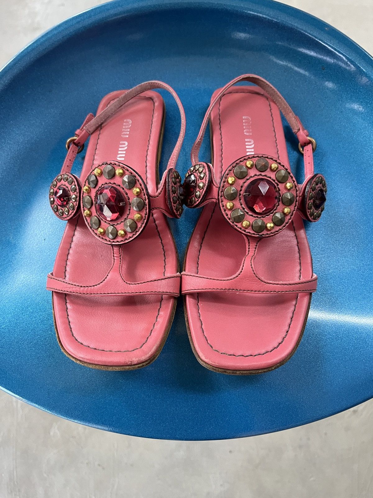Prada Miu Miu Rare T-Strap Gemstud Leather Sandals Size US 5 / IT 35 - 1 Thumbnail