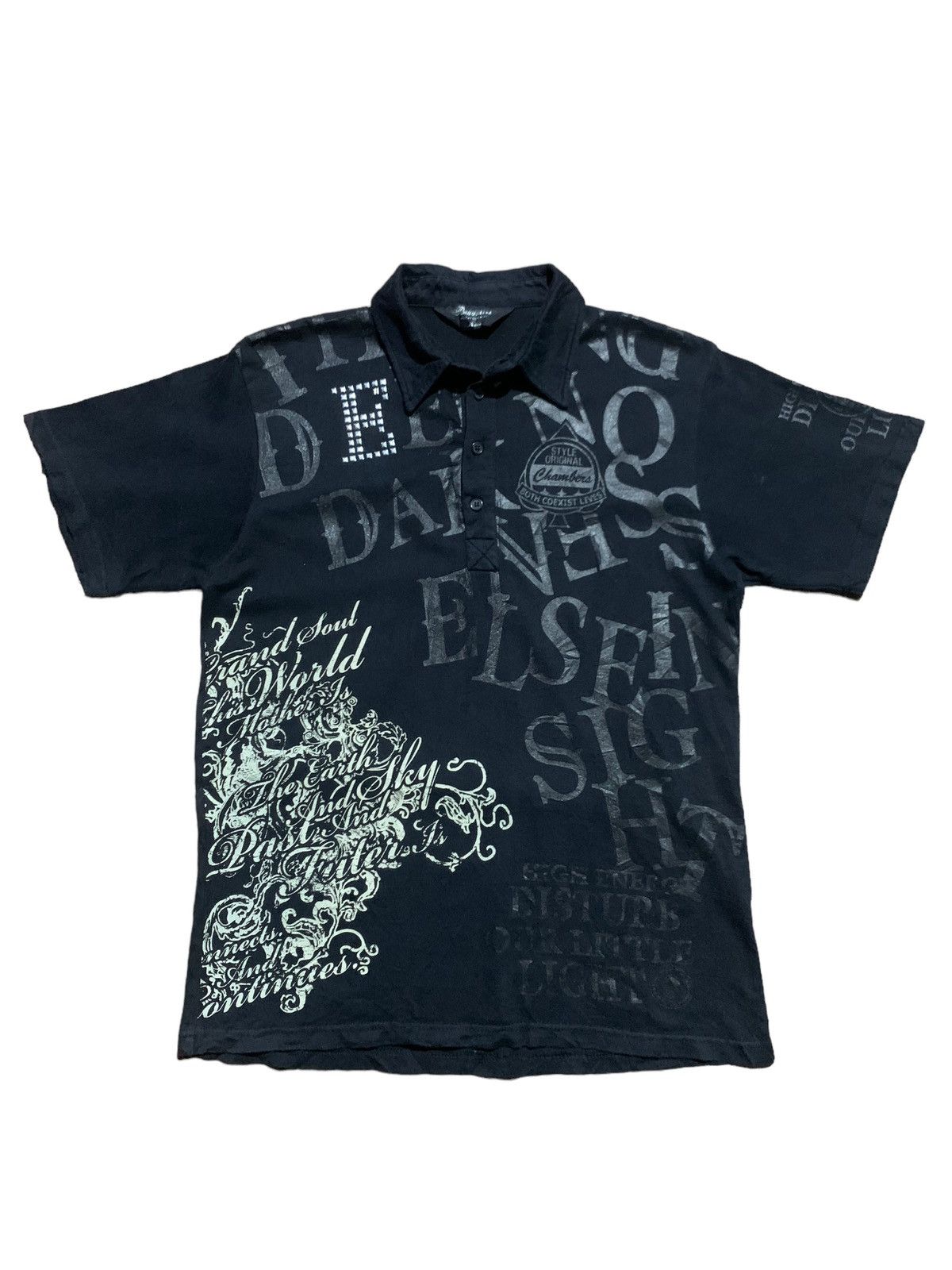 image of 14Th Addiction x Beauty Beast Y2K Beaumere Over Print Poem Punk Polo Shirt Japan in Black (Size Med
