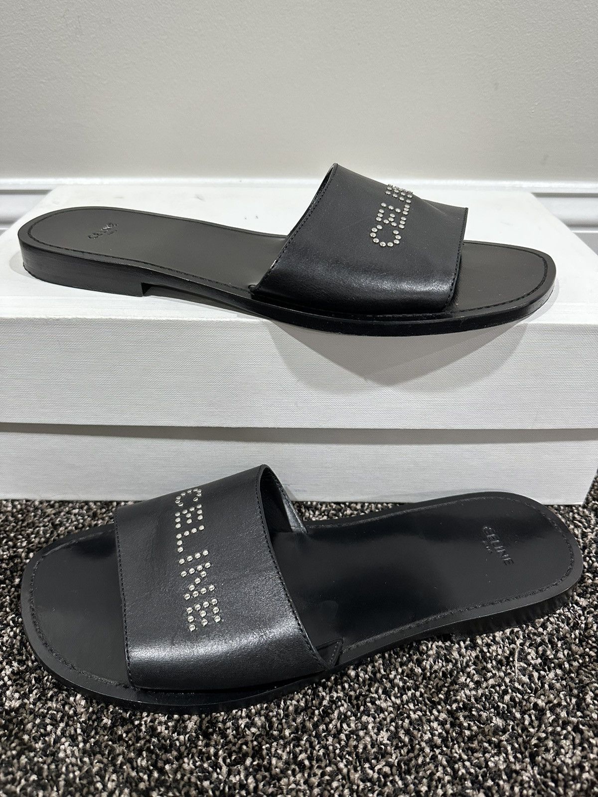 Celine × Hedi Slimane Celine x Hedi Slimane Studded Logo Black Leather Sandal Size US 9 / EU 42 - 1 Thumbnail