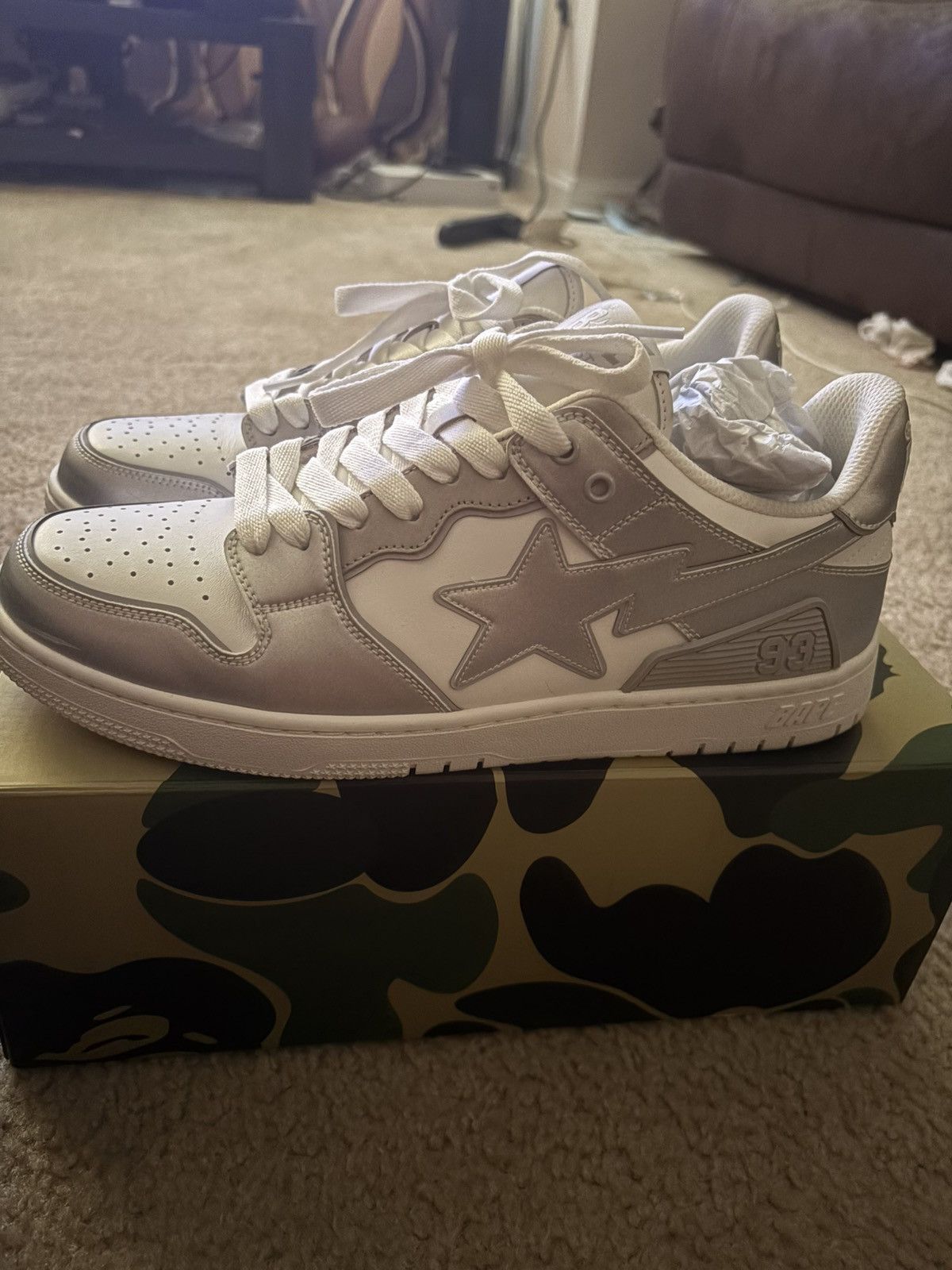 Bape BAPE White & Silver Sk8 Sta #4 Sneakers Size US 11.5 / EU 44-45 - 5 Thumbnail