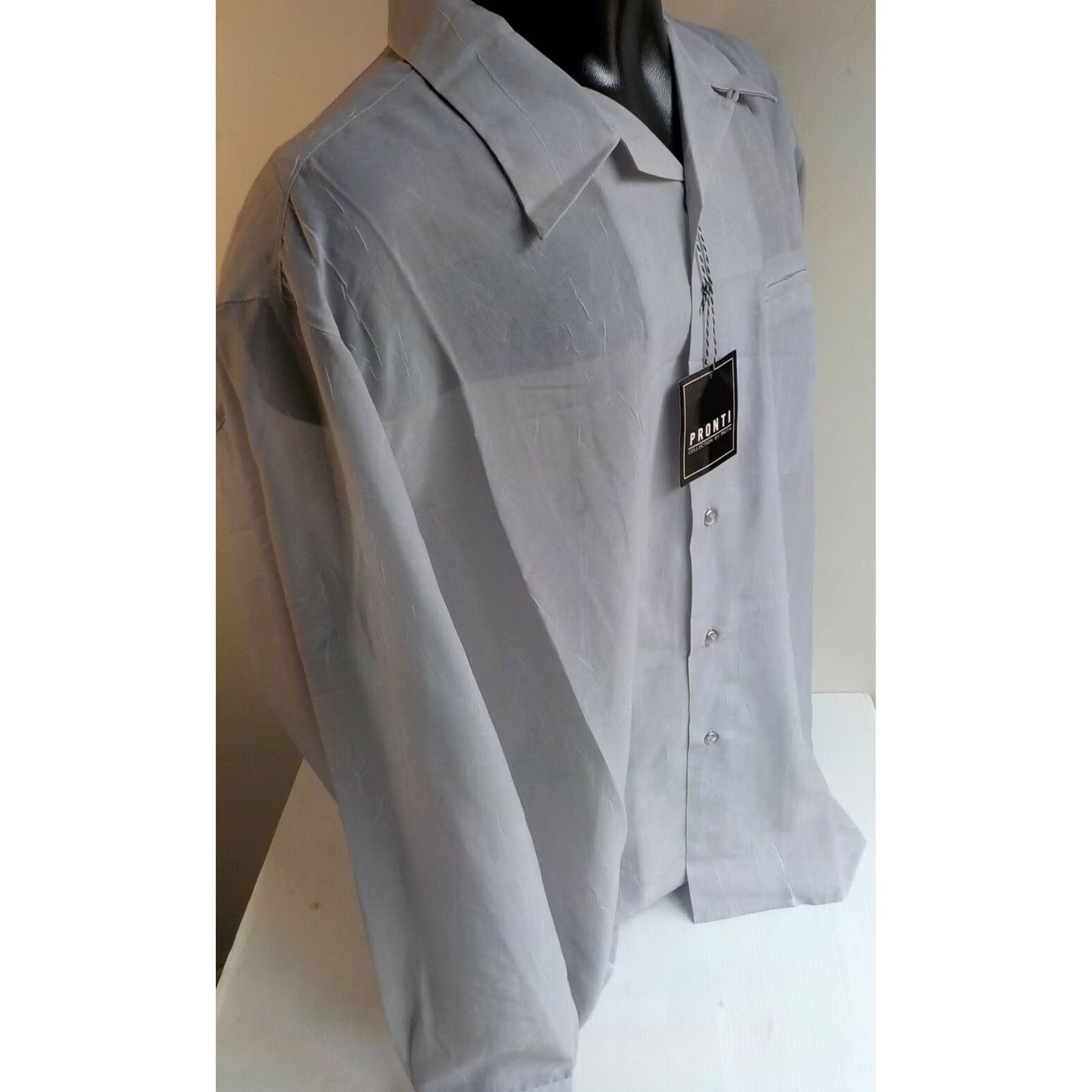 Vintage PRONTI Shirt Mens XL Gray Crinkle Polyester Button-Up Point Collar NWT Long Sleeve Size US XL / EU 56 / 4 - 3 Thumbnail