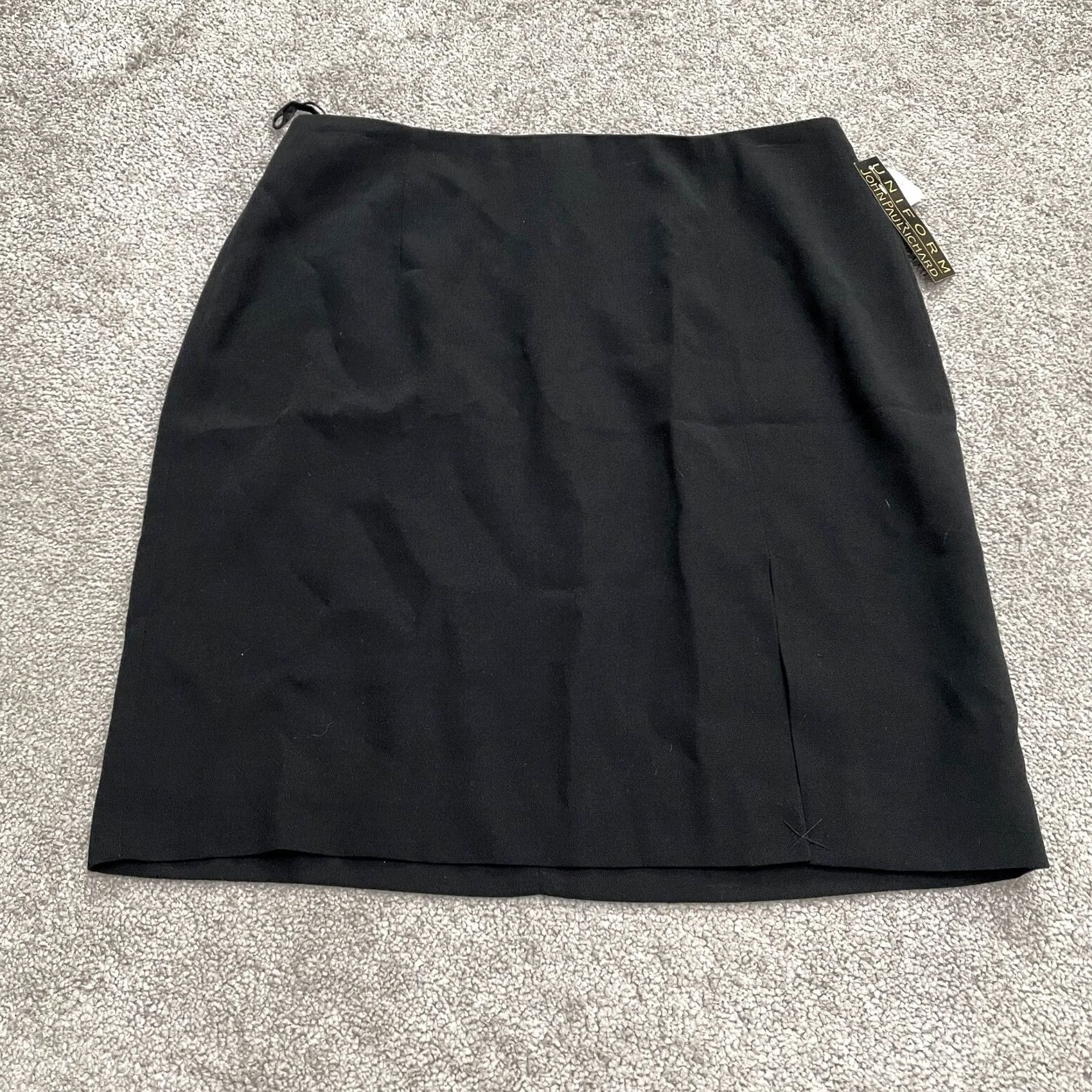 Vintage John Paul Richard Black Pencil Skirt Women 14 Classic Work Uniform Side Slit High Rise Zip Closure Designer Solid Microfiber Polyester Size 36" / US 14 / IT 50 - 2 Thumbnail