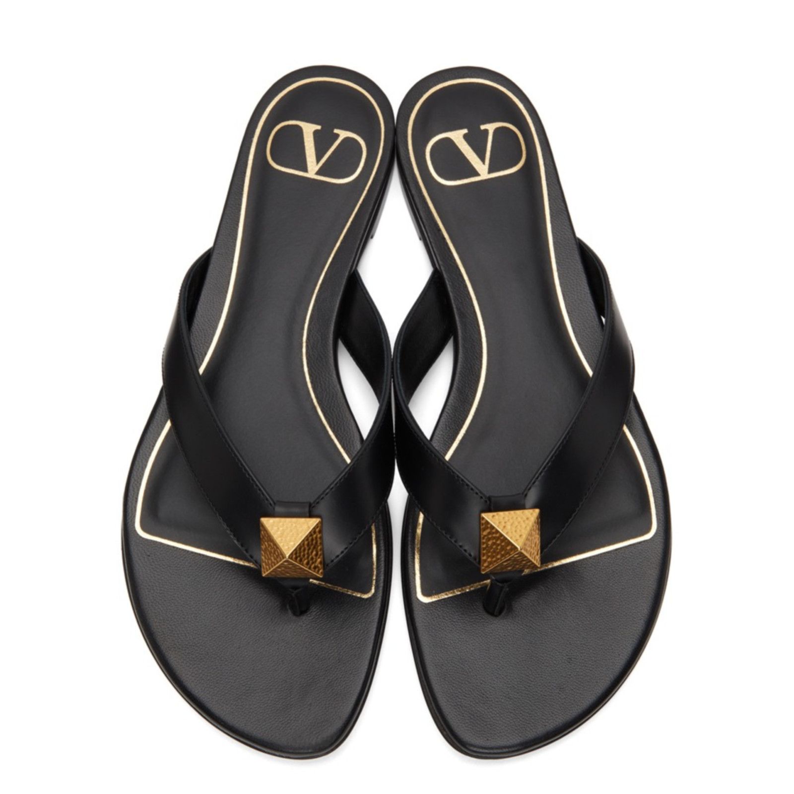Valentino Valentino Rockstud Roman Stud Black Gold Leather Thong Size US 5.5 / IT 35.5 - 6 Thumbnail