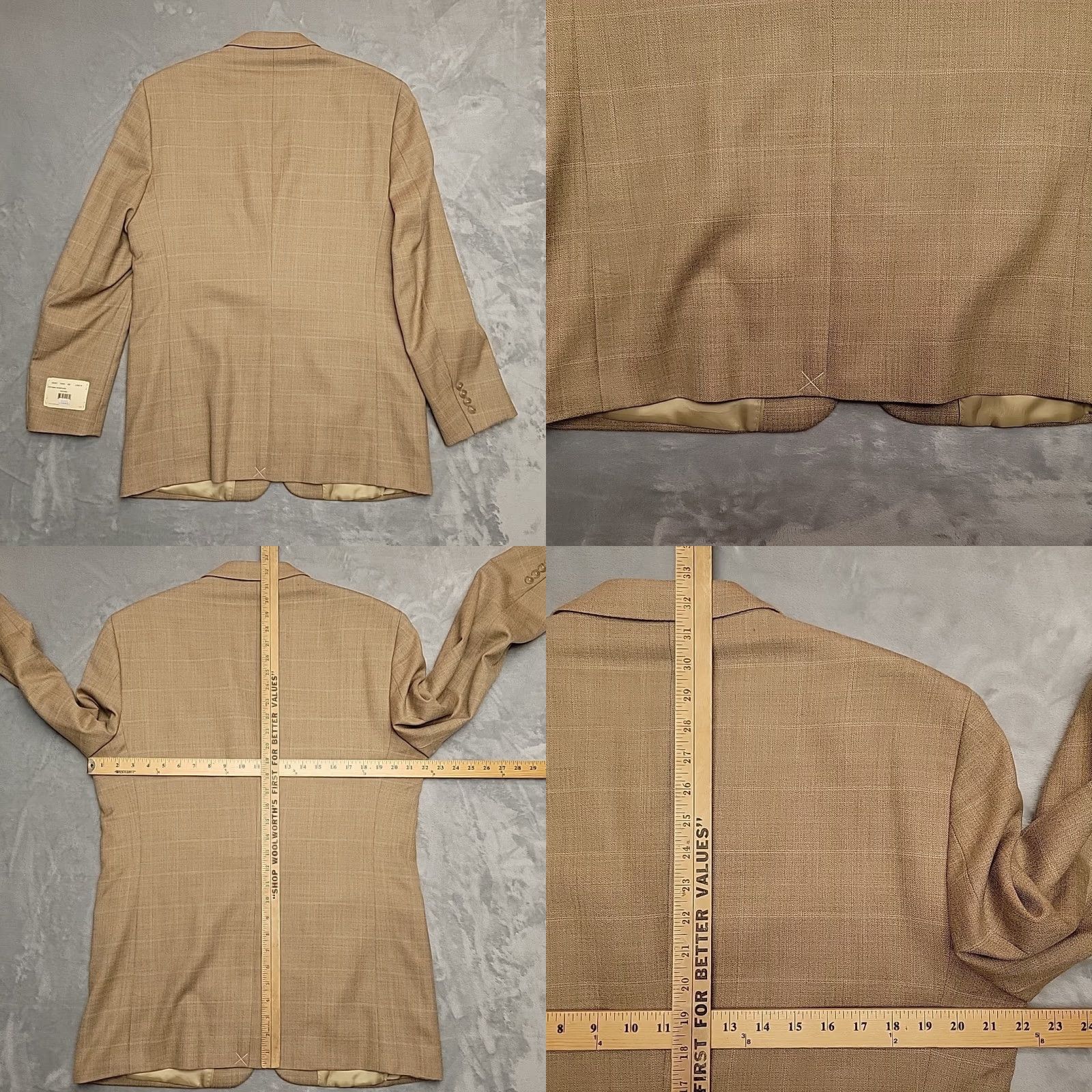 Vintage VTG Warren Sewell Blazer Mens 42L Beige Brown 100% Wool Plaid Regent Suit Coat Jacket Two-Button Notch Lapel Single-Vented Dry Clean Only Mens Size 42R - 9 Thumbnail